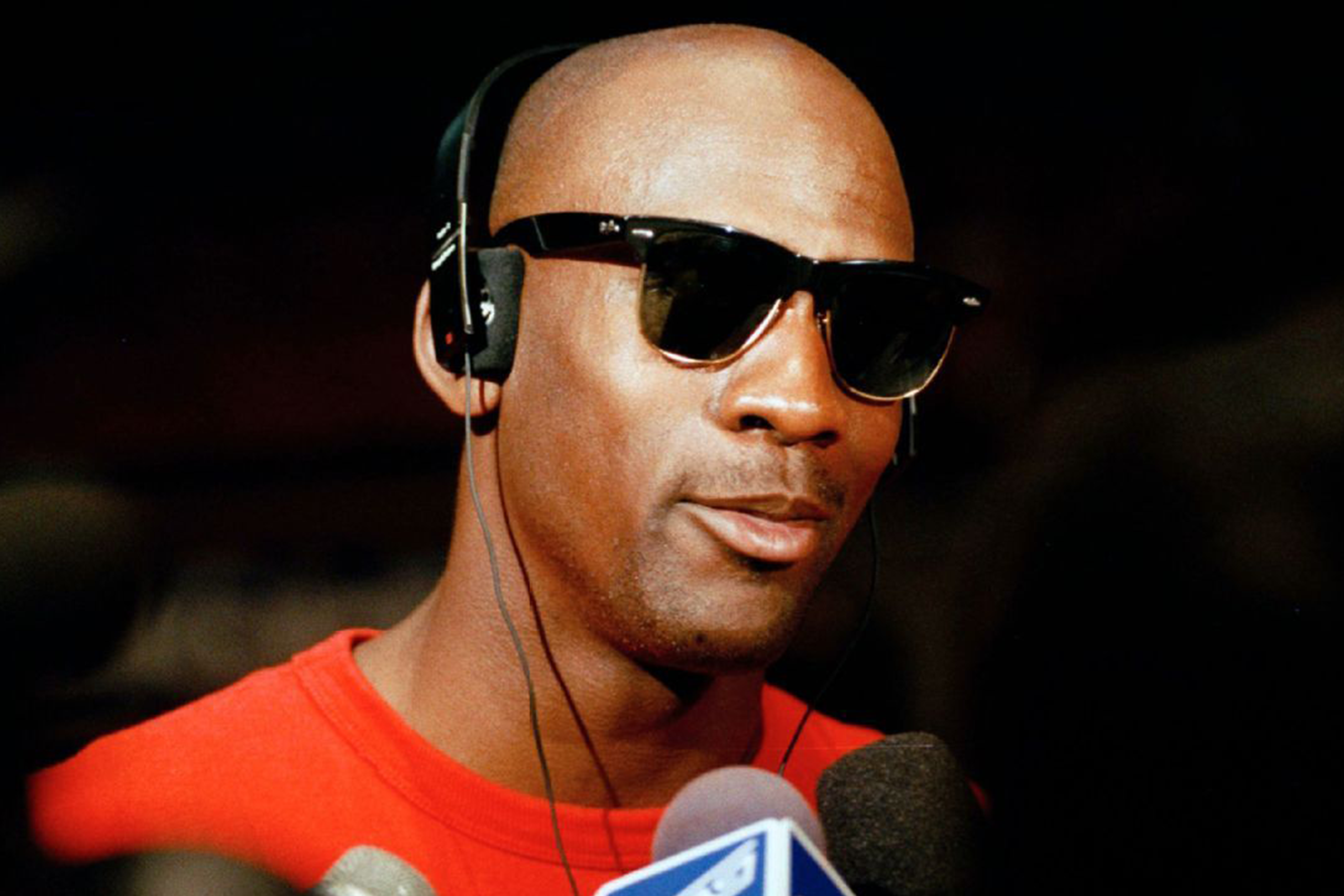 Michael Jordan Wearing black Wayfarer-style sunglasses during an interview