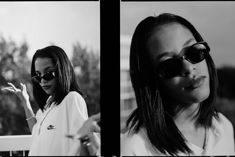 Aaliyah wearing geometric sunglasses