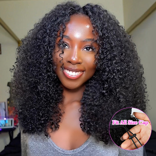 Product image for VSHOW Drawstring V Part Kinky Curly Wig No Leave Out Thin Part Glueless Human Hair Wig For Beginners