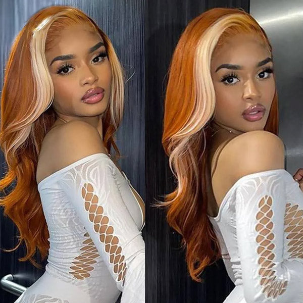 VSHOW Ginger Wigs With Blonde Skunk Stripe Hair Body Wave Hair Transparent  Lace Frontal Wigs