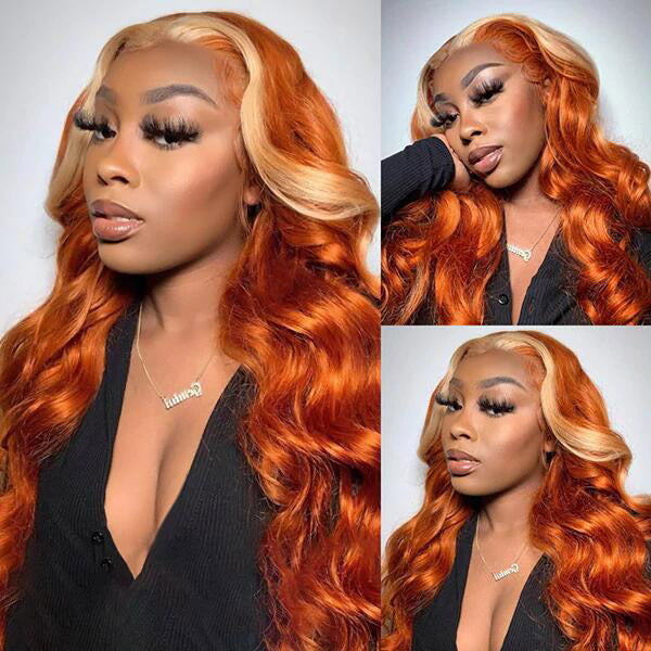 VSHOW Ginger Wigs With Blonde Skunk Stripe Hair Body Wave Hair Transparent  Lace Frontal Wigs