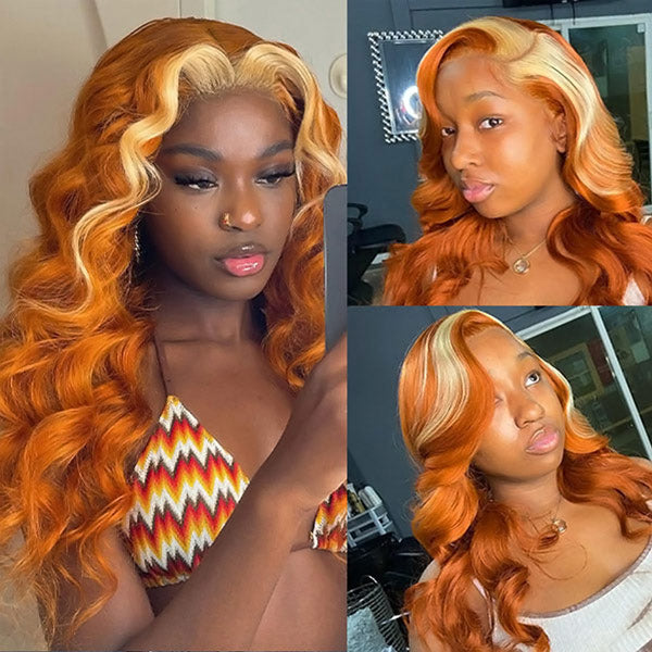 VSHOW Ginger Wigs With Blonde Skunk Stripe Hair Body Wave Hair Transparent  Lace Frontal Wigs