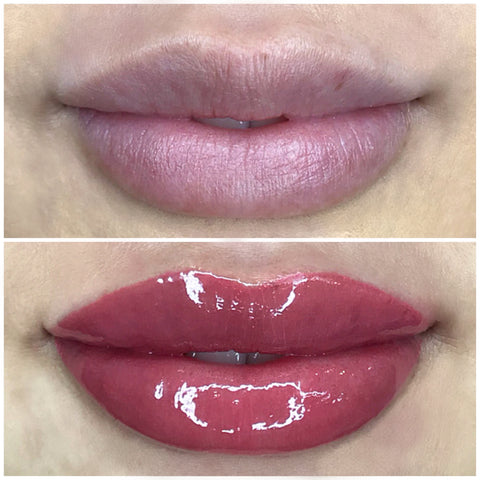 girl before with pale lips and girl after with pink lip blush