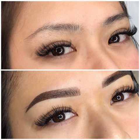 Asian Girl before with natural brows. Asian Girl after with tattoo TVO Shades&Strokes brows