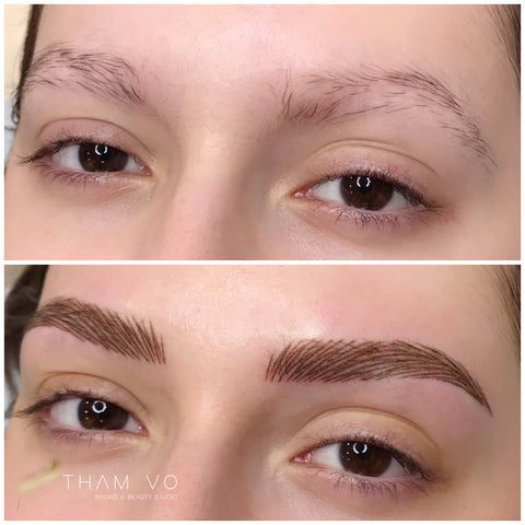 Client with trichotillomania, the before and after photo of brow tattooing
