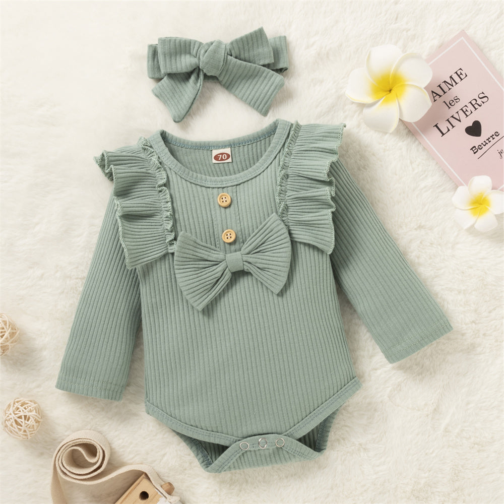 Baby Girls Long Sleeve Solid Color Bow Romper & Pants & Headband Wholesale Baby Clothes