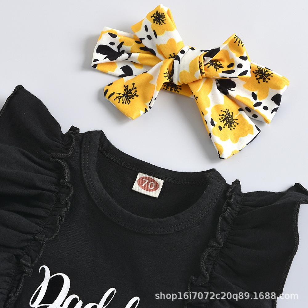 Baby Girls Summer Letter Printed Romper + Floral Shorts + Hair Band Set Babywear Wholesale