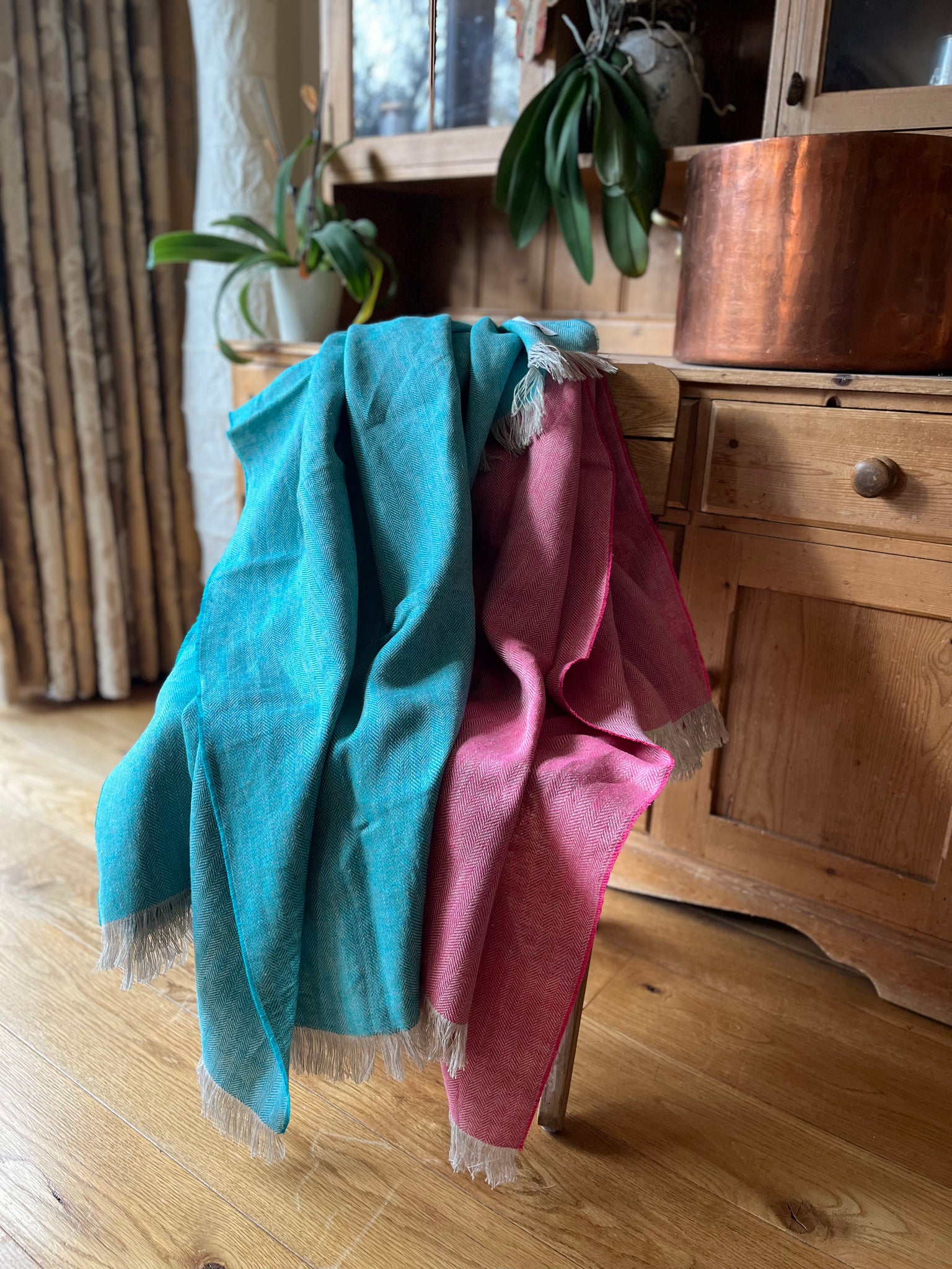 pink and blue linen throw
