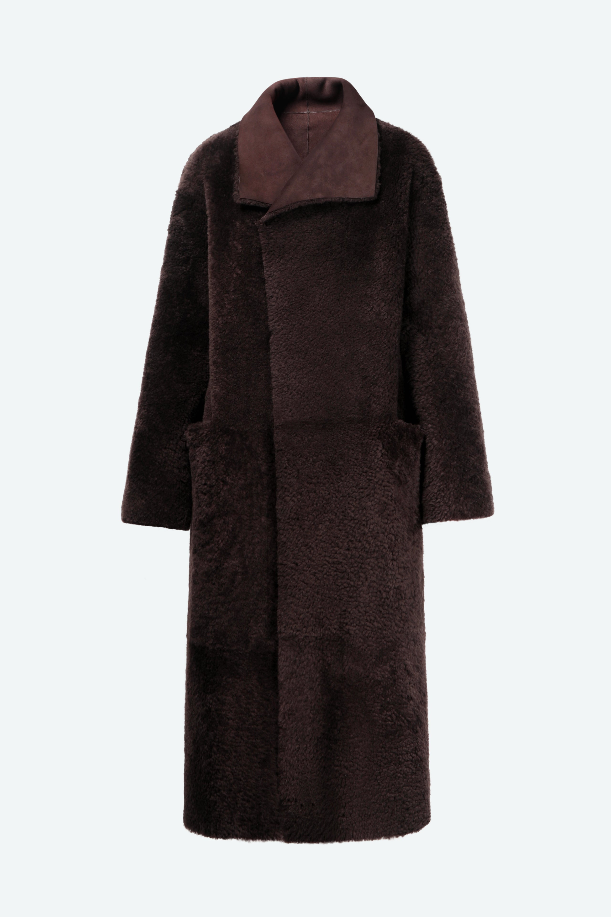 Birthday Coat Dark Chocolate Draped Shearling Coat Packshot