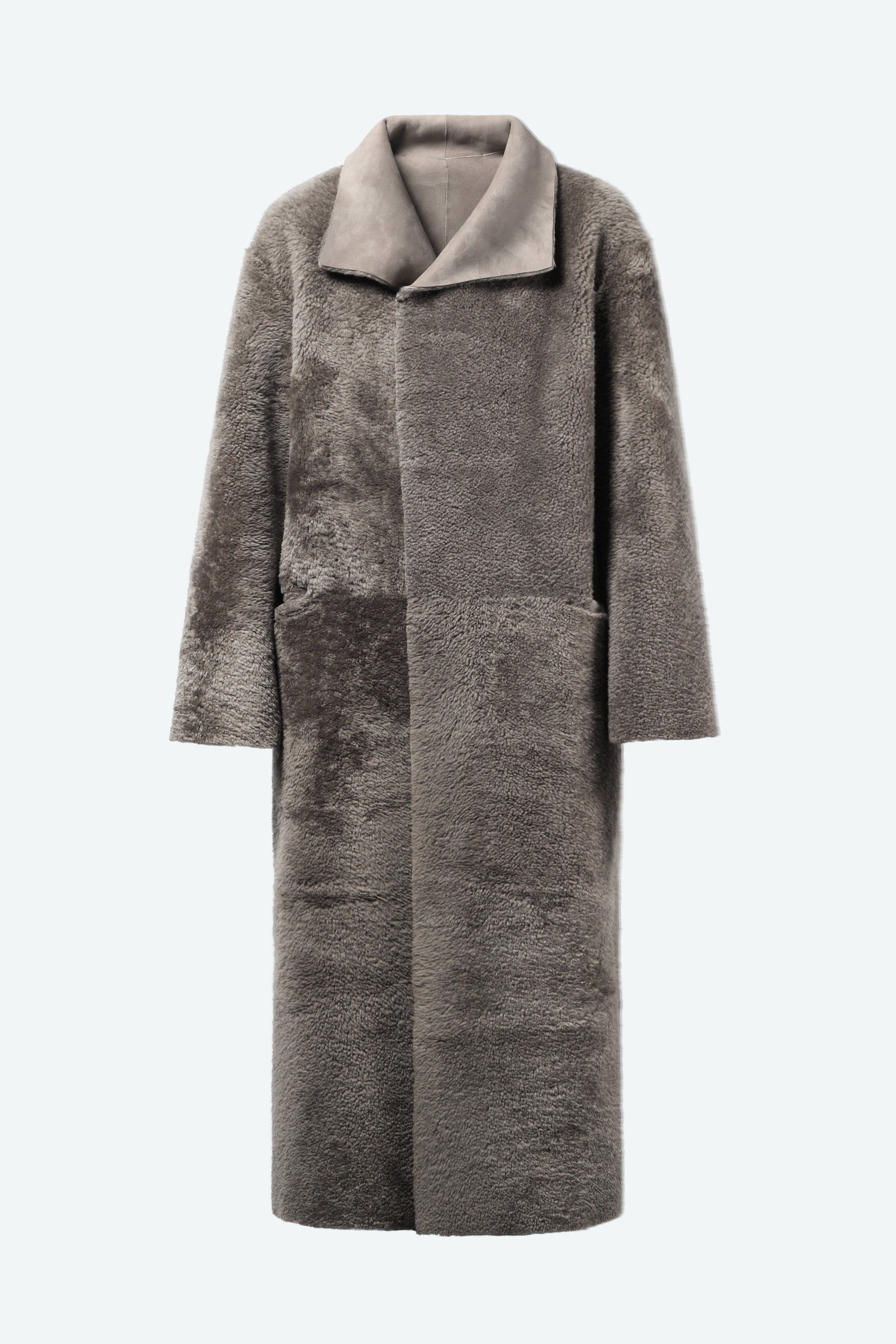 Birthday Coat Iceland Grey Draped Shearling Coat Packshot