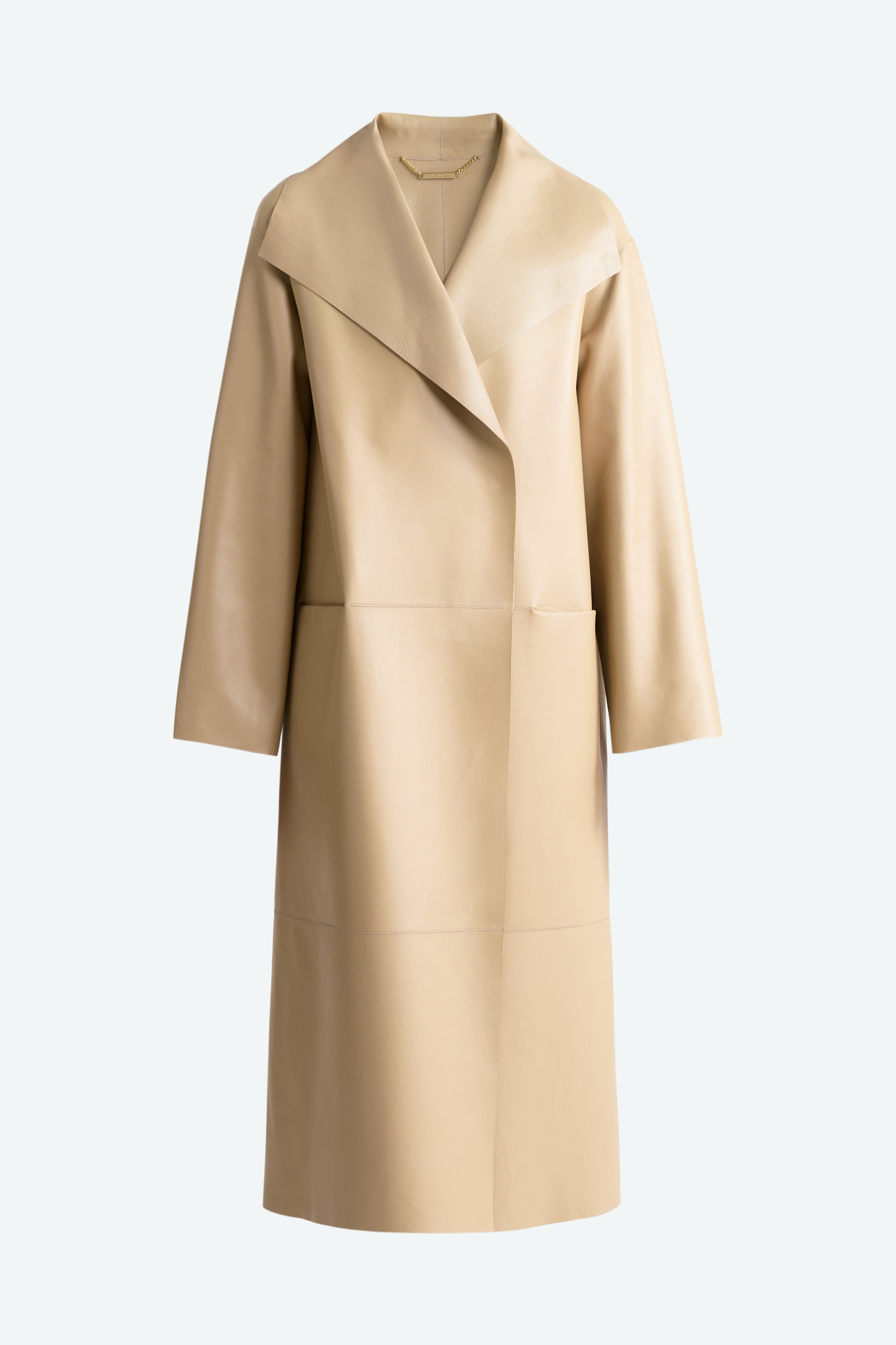 The Nour Hammour Birthday Coat Leather Beige Draped Leather Coat Back Packshot