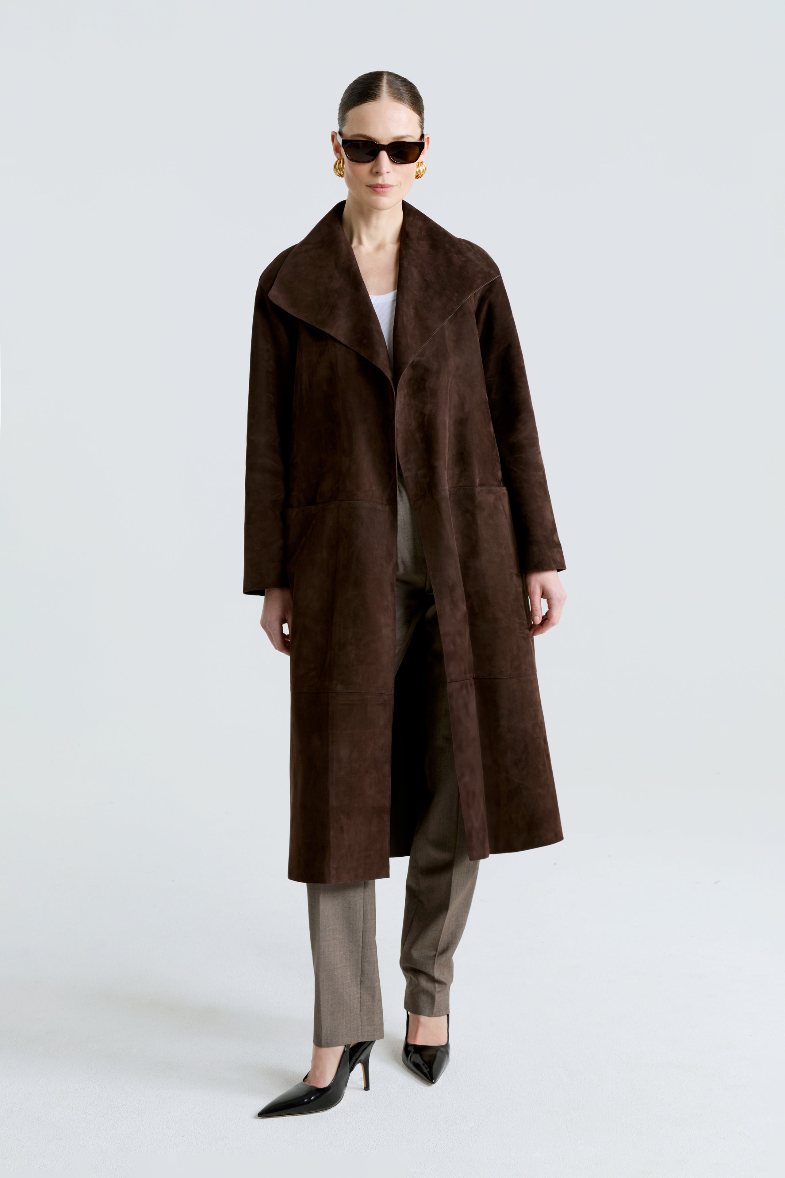 Model is wearing the Birthday Coat Suede Mocha Draped Suede Coat Front