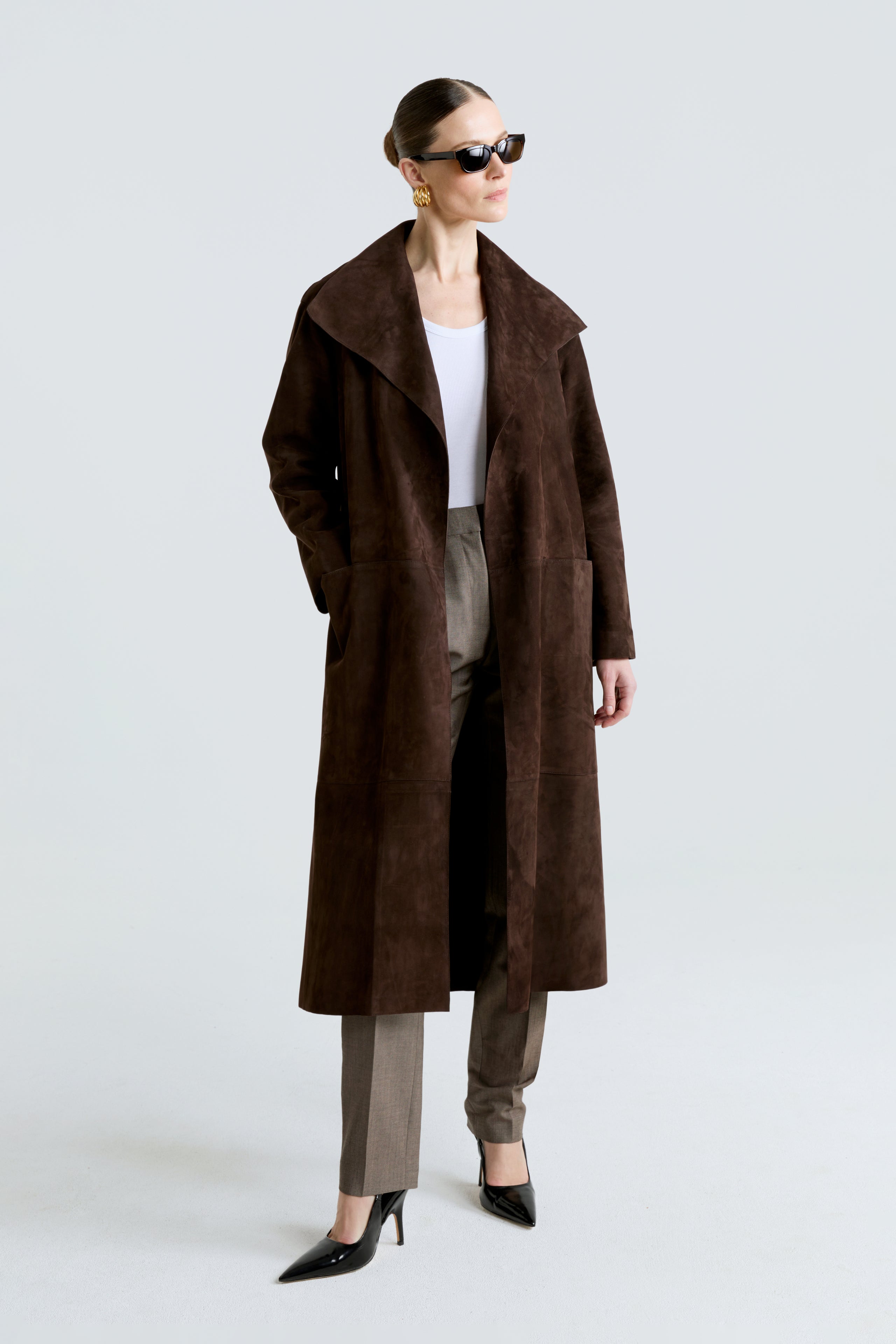 Model is wearing the Birthday Coat Suede Mocha Draped Suede Coat Front