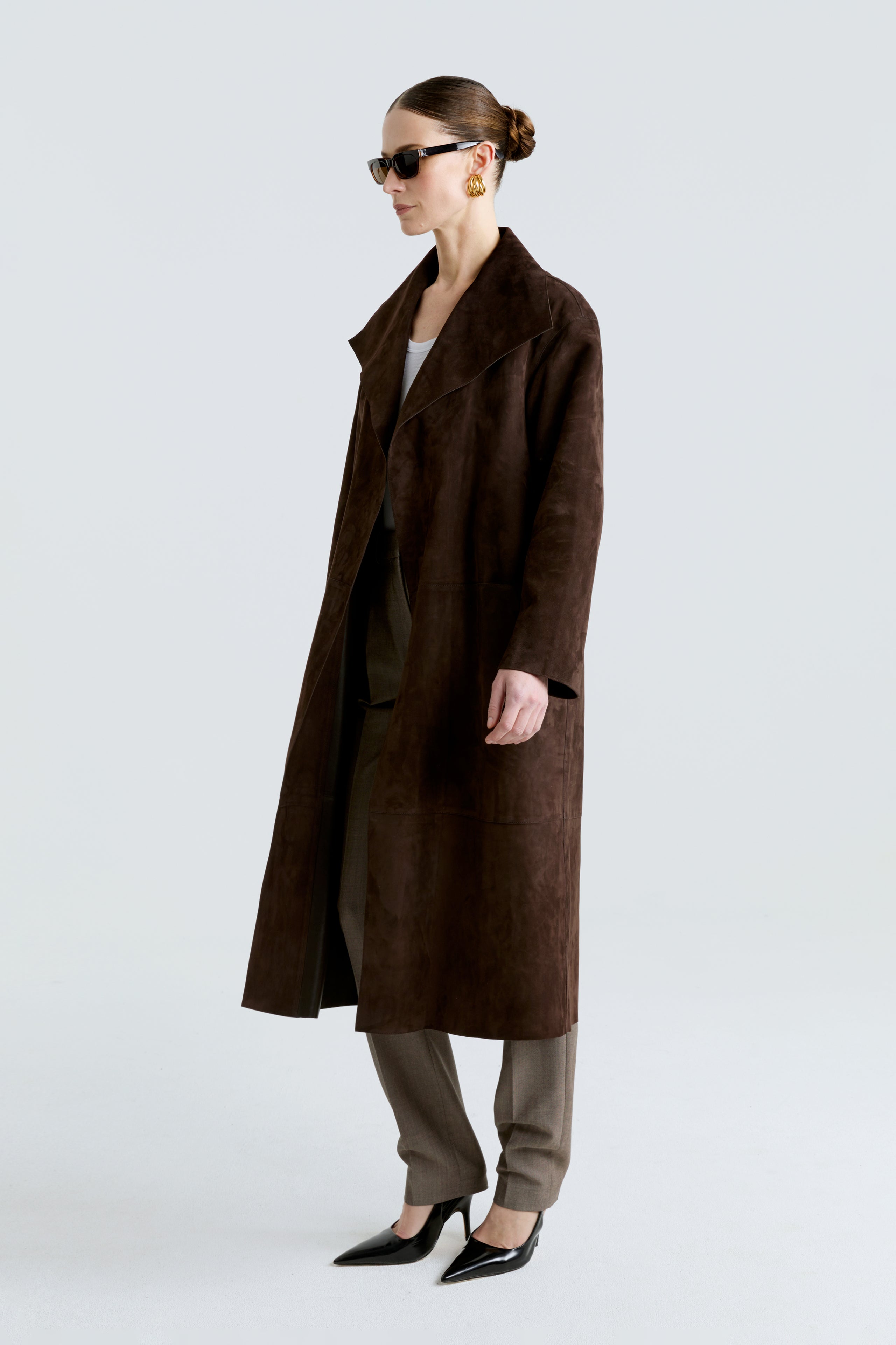 Model is wearing the Birthday Coat Suede Mocha Draped Suede Coat Side