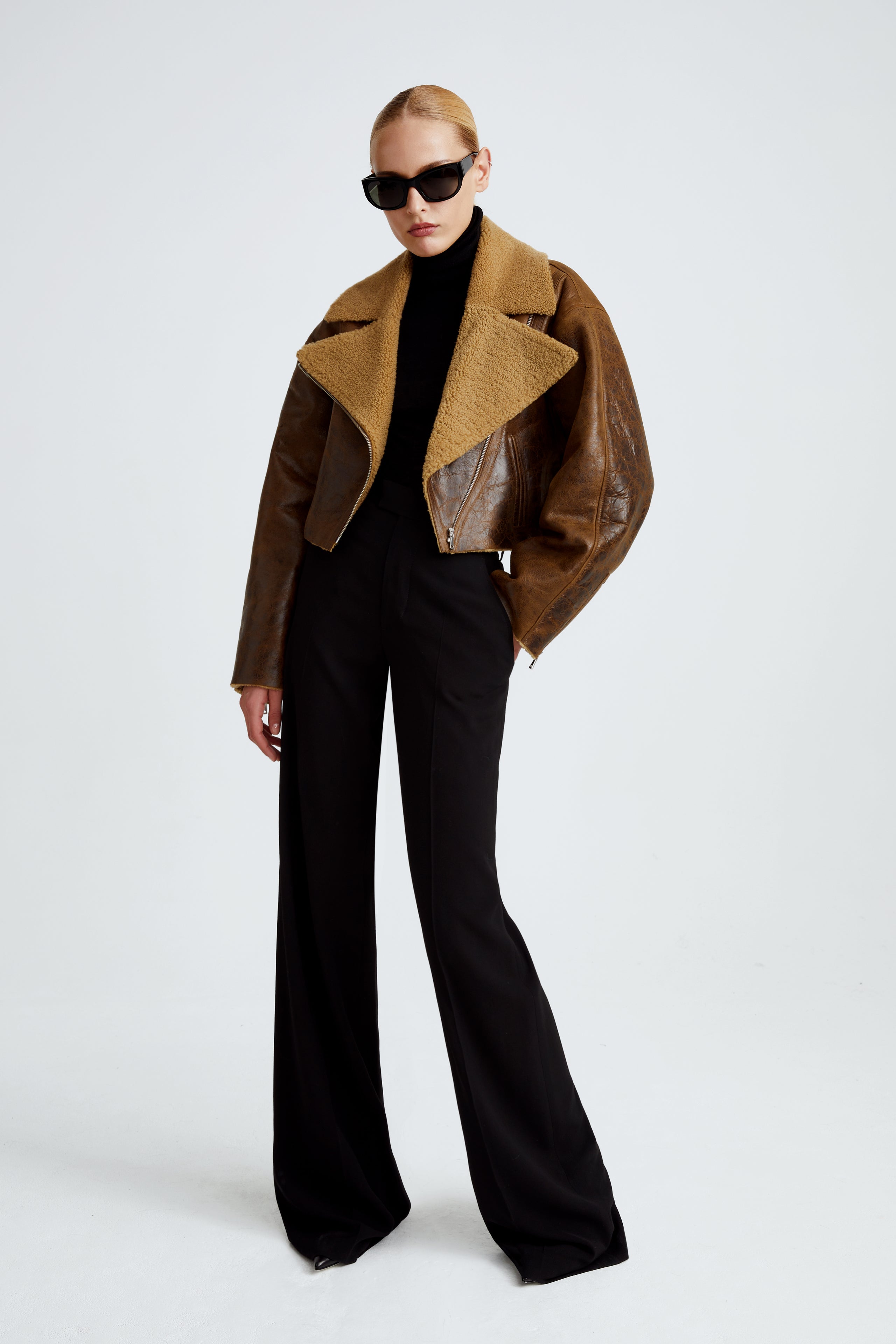 Model is wearing the Colorado Brown Caramel Relaxed Shearling Jacket Front