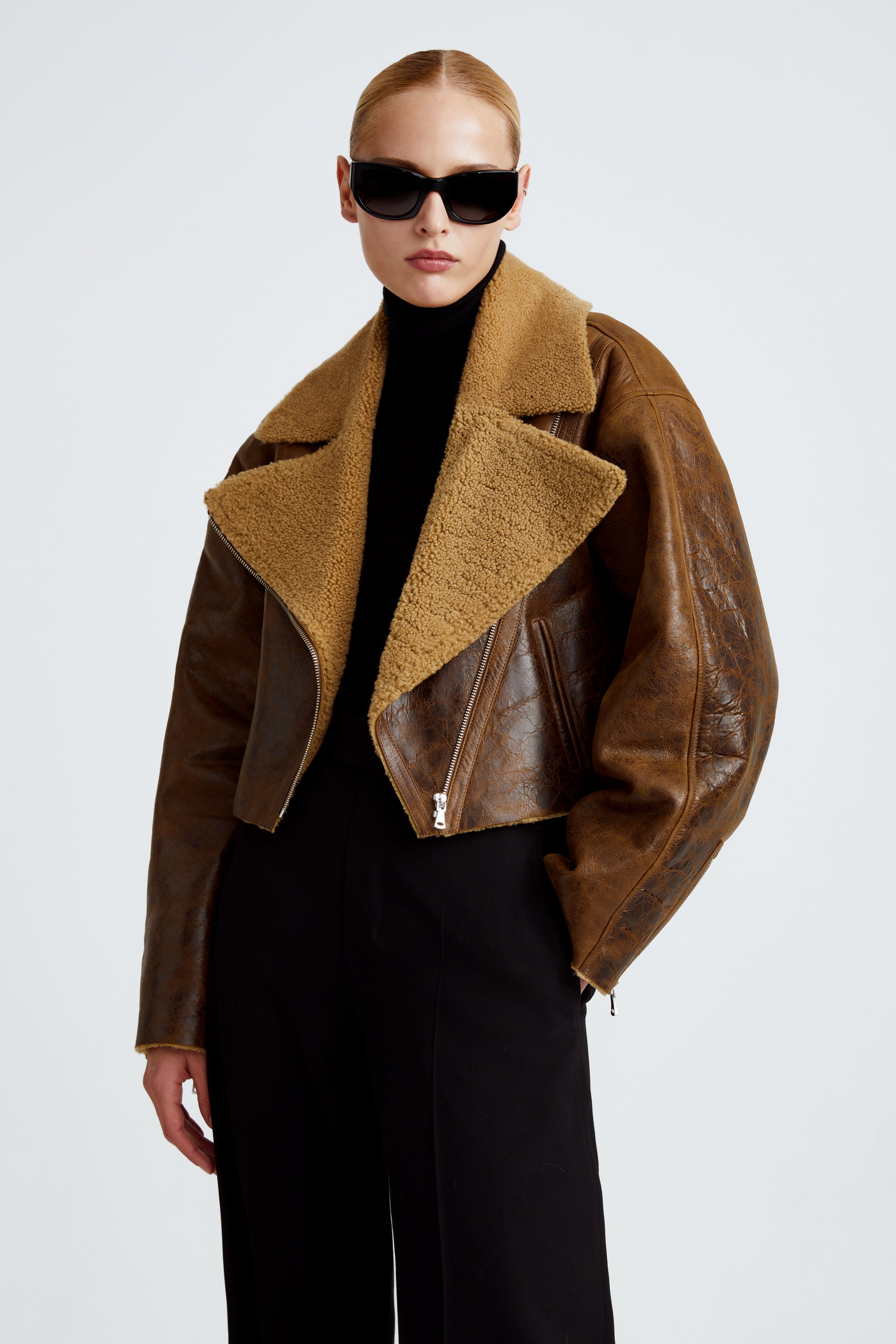 Model is wearing the Colorado Brown Caramel Relaxed Shearling Jacket Close Up
