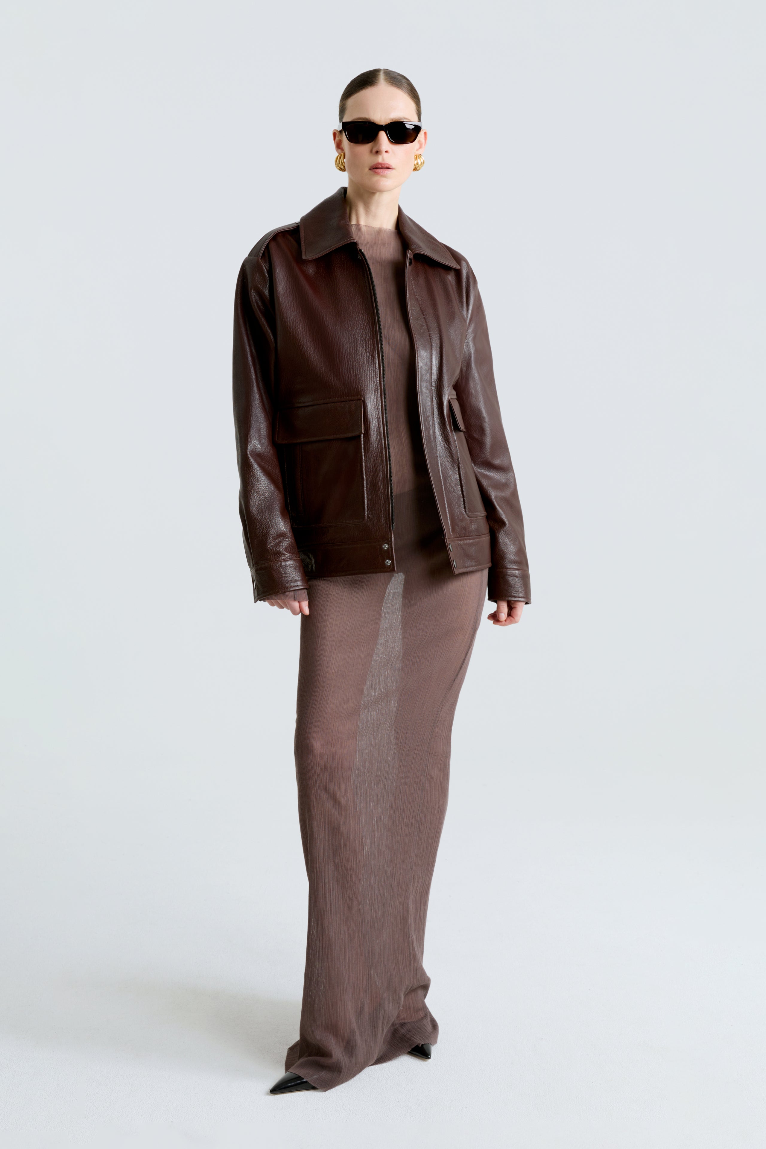 Model is wearing the Drey Mocha The It Girl Jacket Front