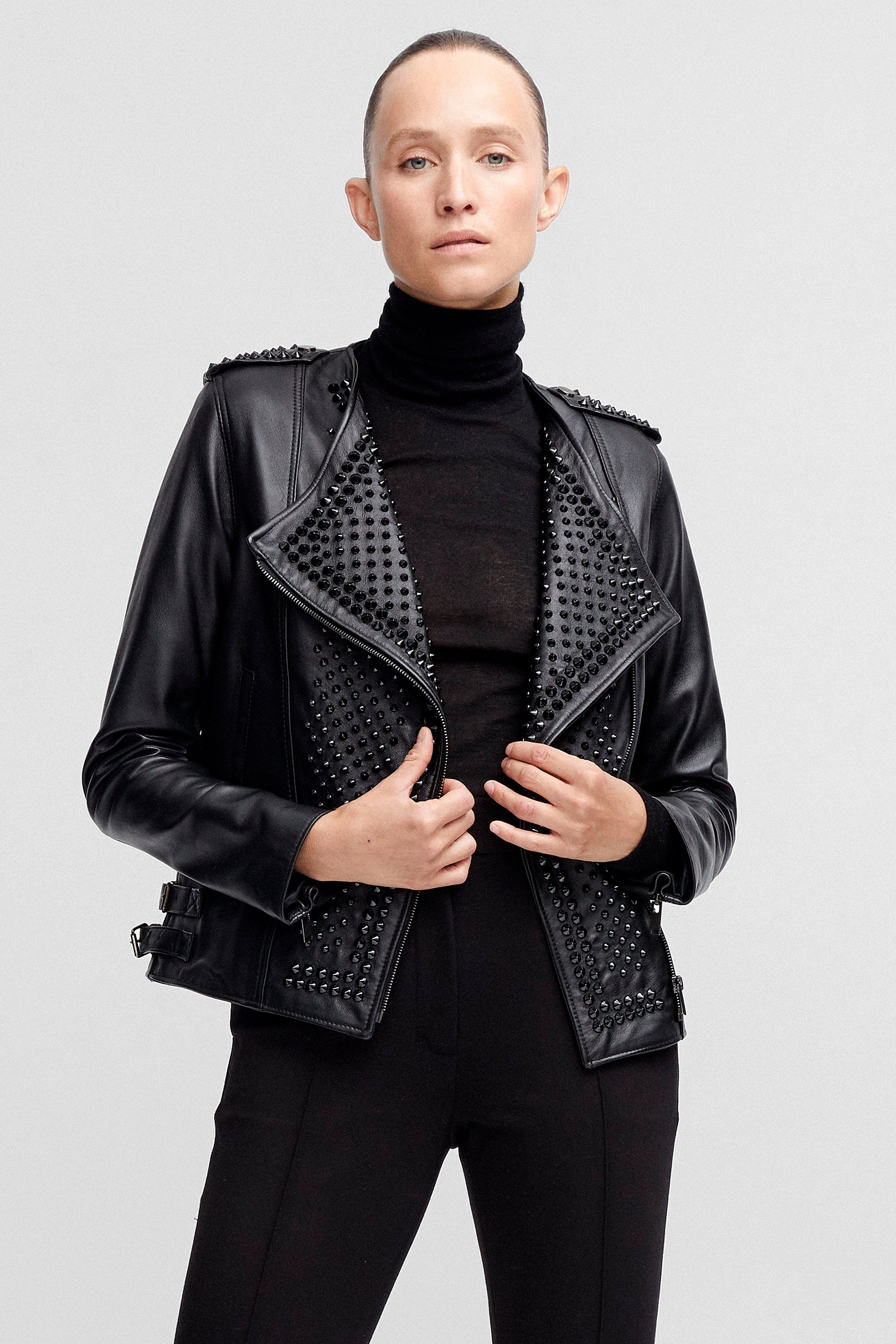 Model is wearing the Erin Black Studded Leather Jacket Close Up
