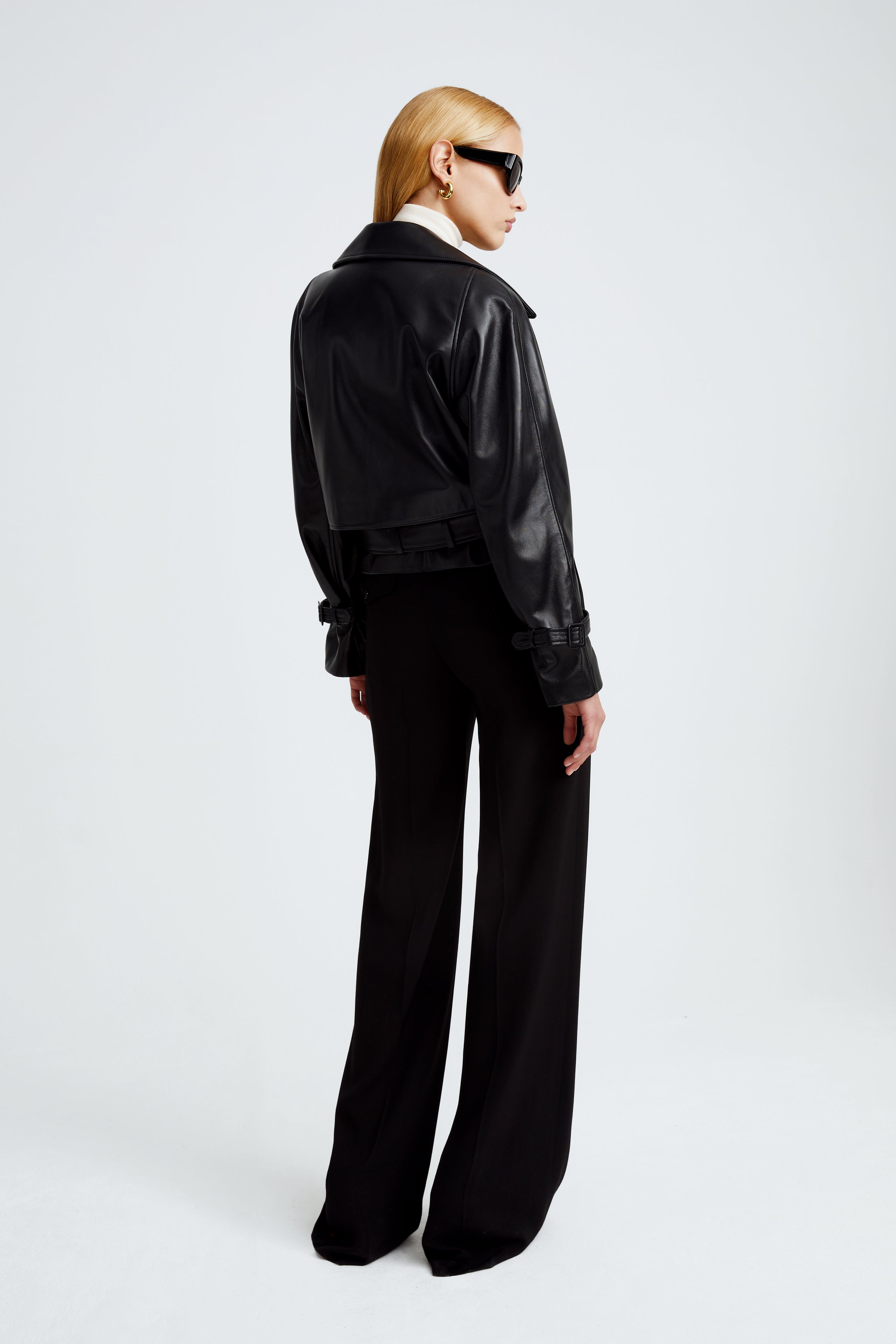 Model is wearing the Hatti Black Cropped Leather Jacket Back