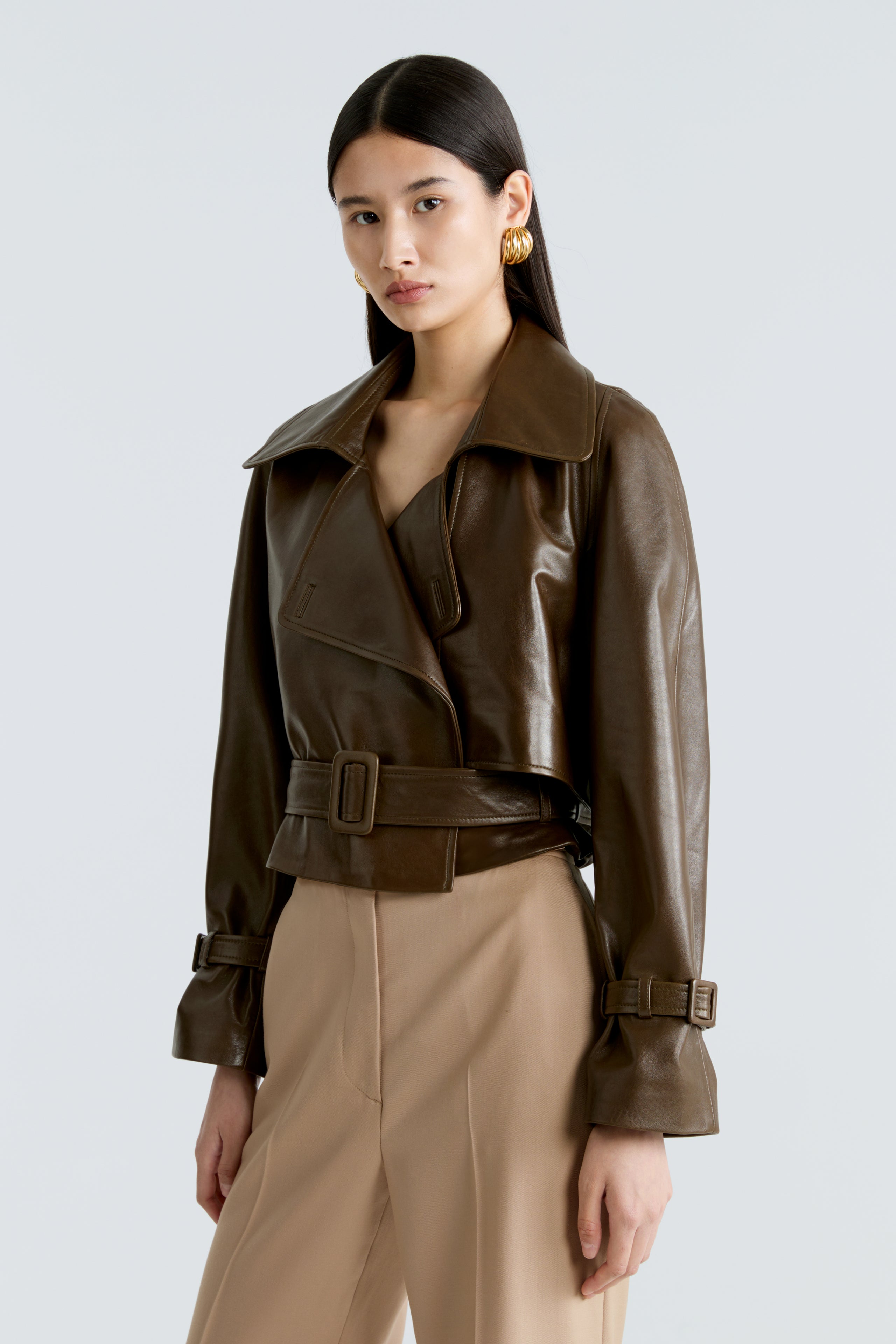 Model is wearing the Hatti Nicoise Cropped Leather Jacket Side