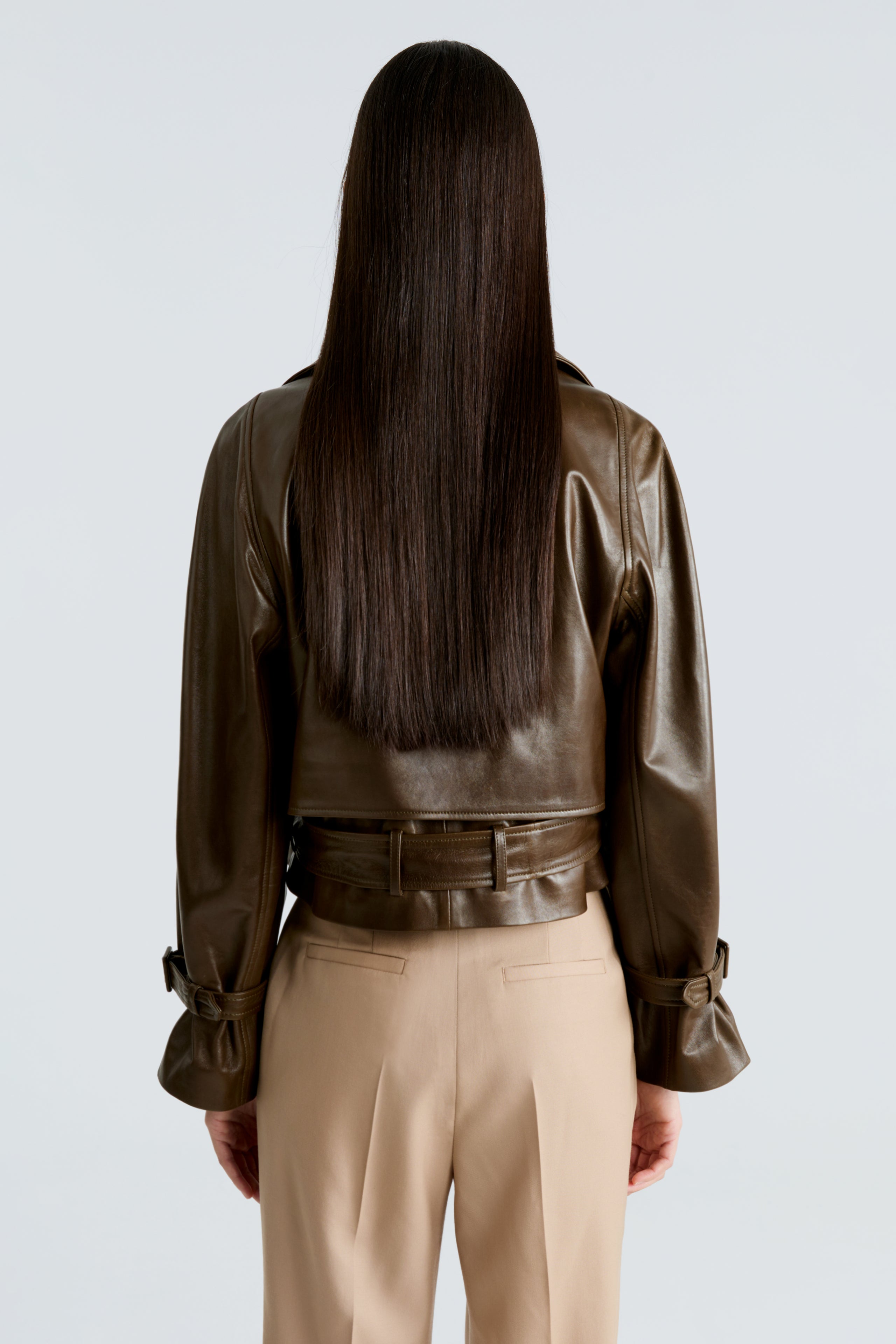 Model is wearing the Hatti Nicoise Cropped Leather Jacket Back