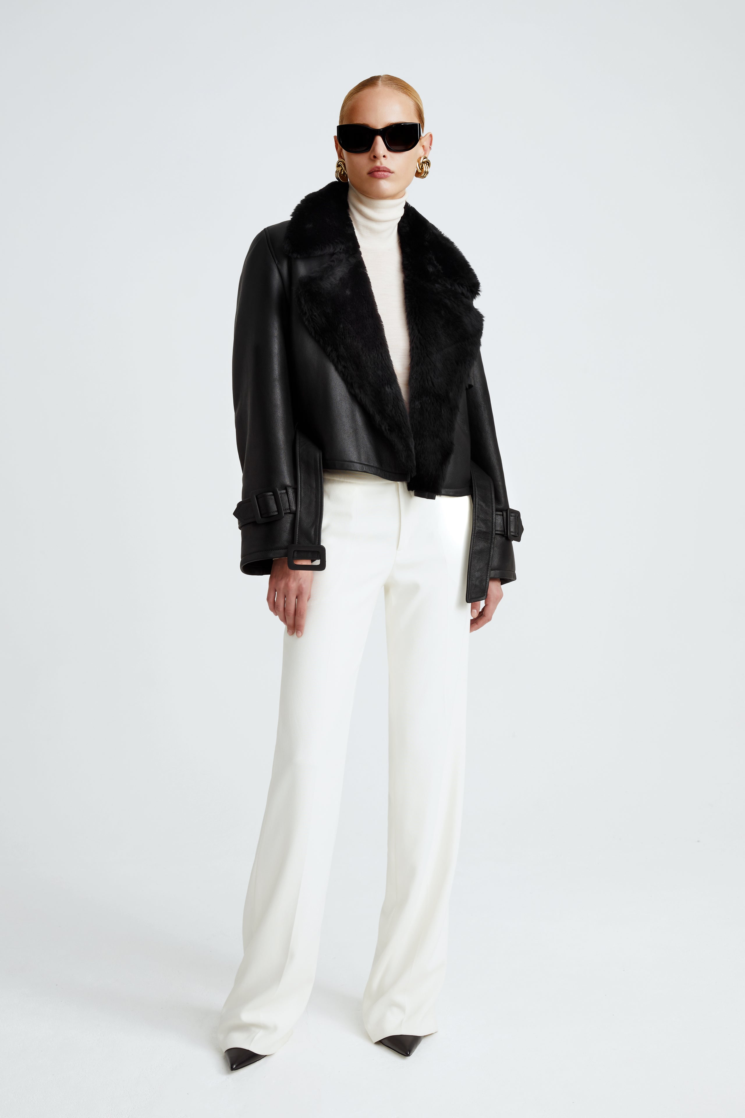 Model is wearing the Hatti Shearling Black Cropped Shearling Jacket Front