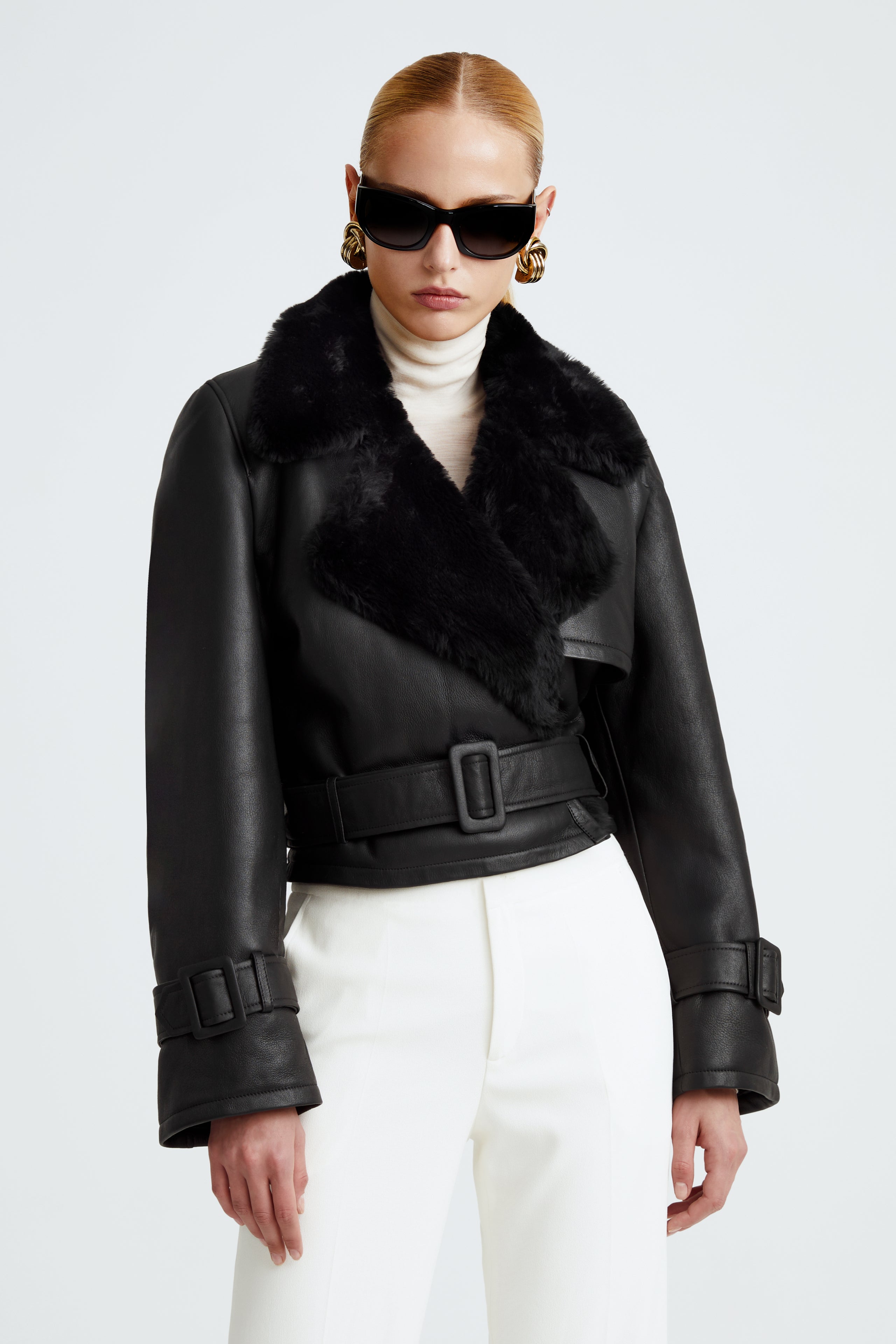 Model is wearing the Hatti Shearling Black Cropped Shearling Jacket Close Up
