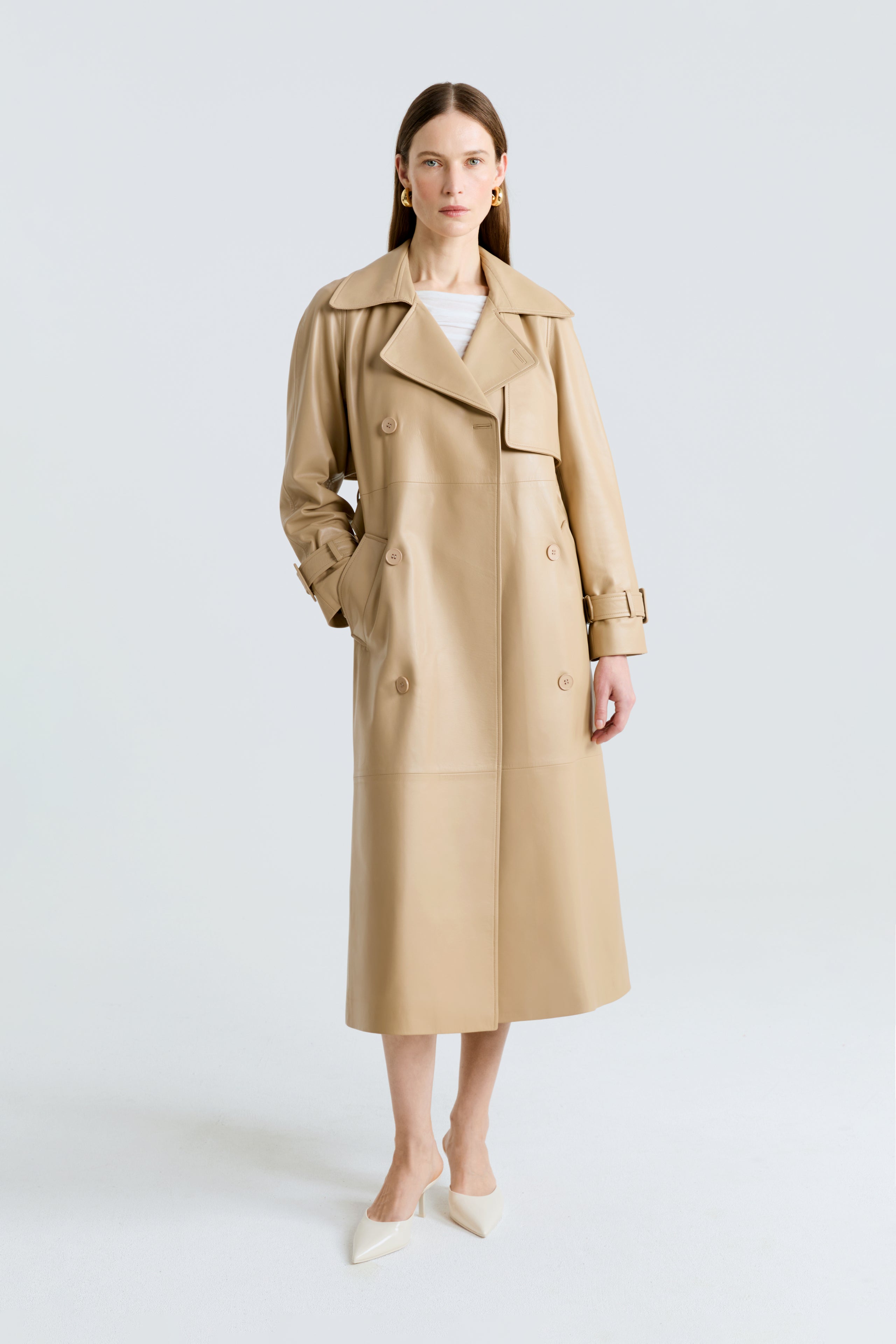 Model is wearing the Henri Beige Leather Trench Coat Front
