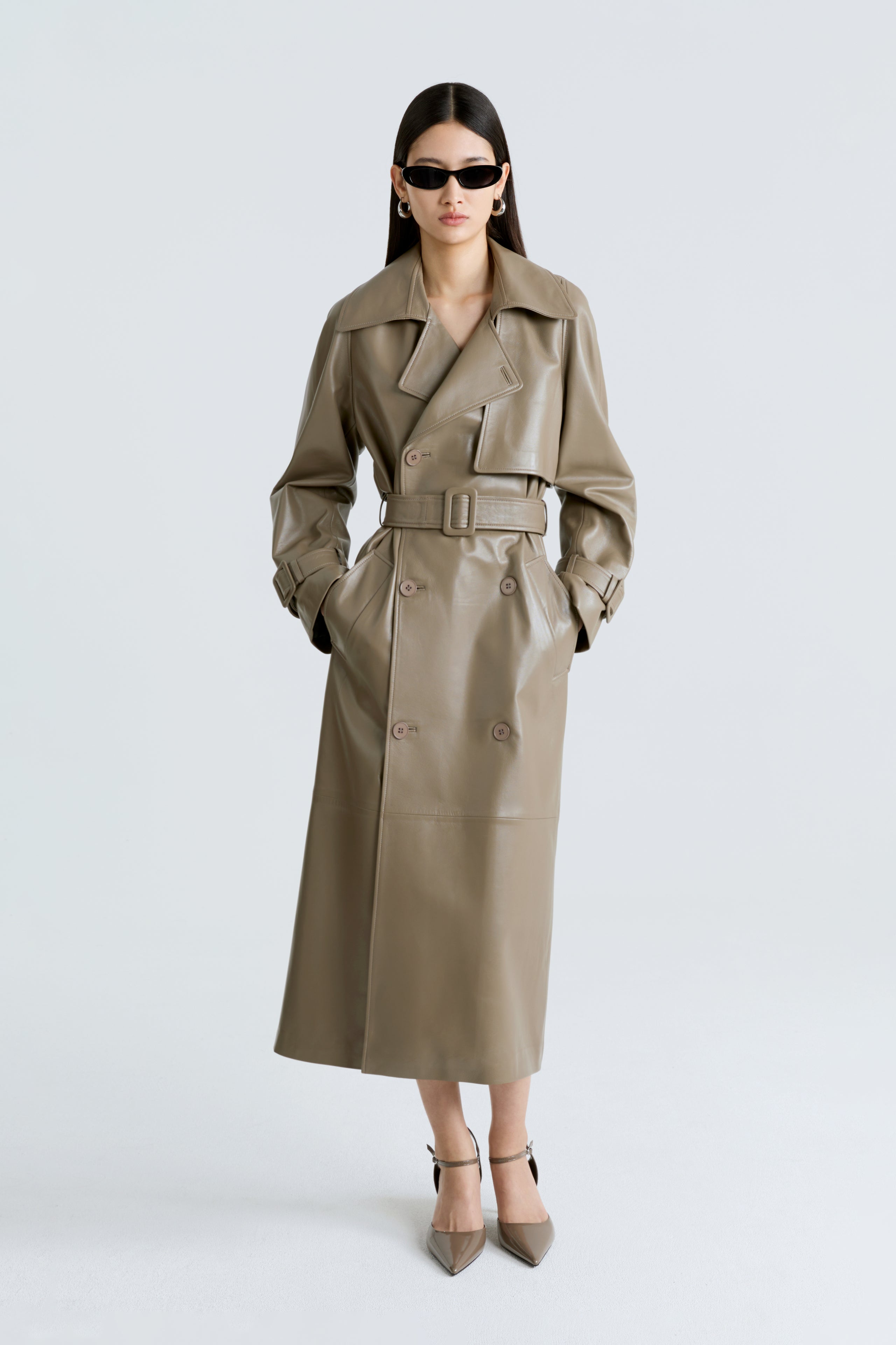 Model is wearing the Henri Cepe Leather Trench Coat Front