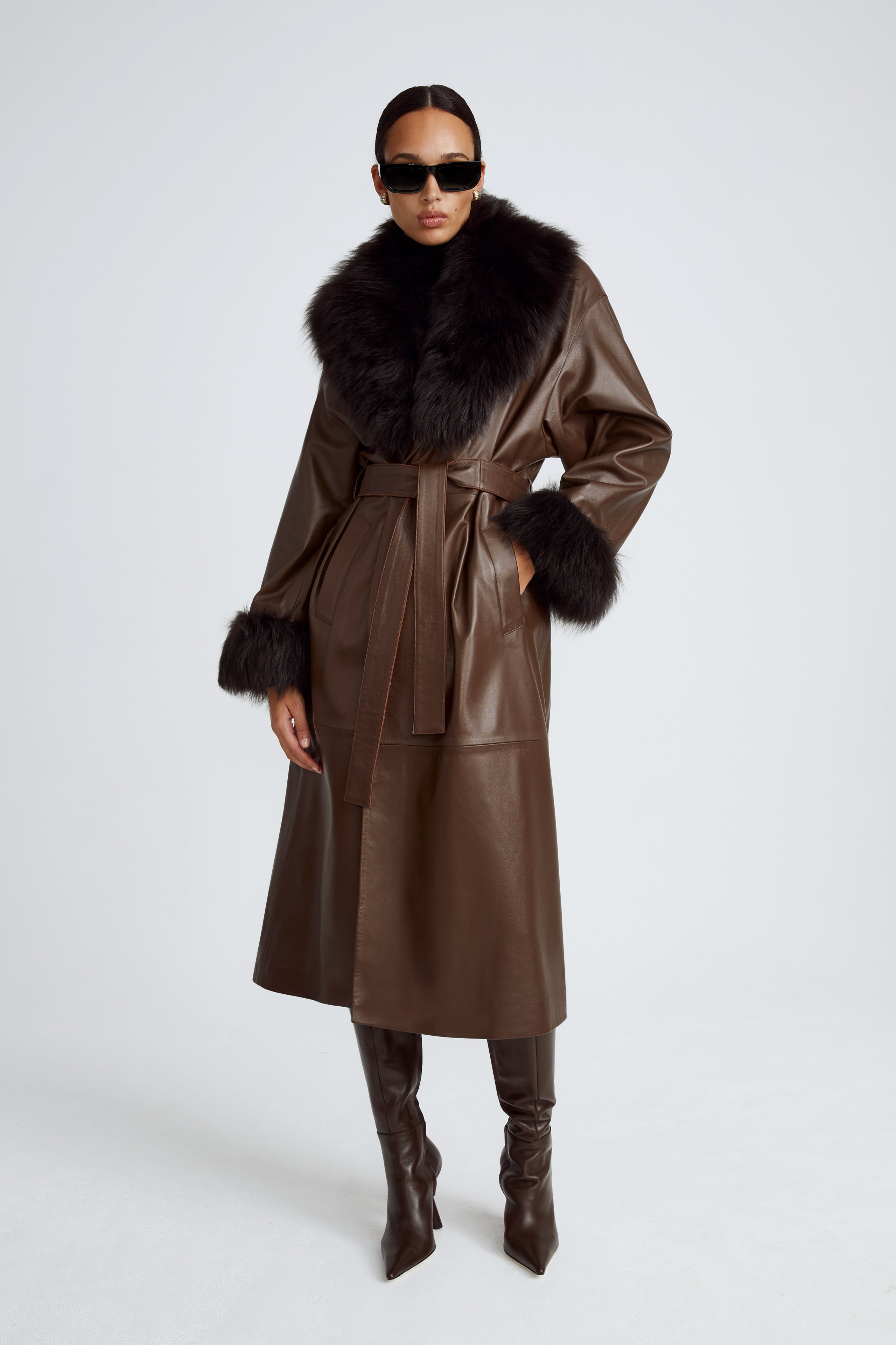 Model is wearing the Freja Walnut Espresso Luxurious Leather Trench Front