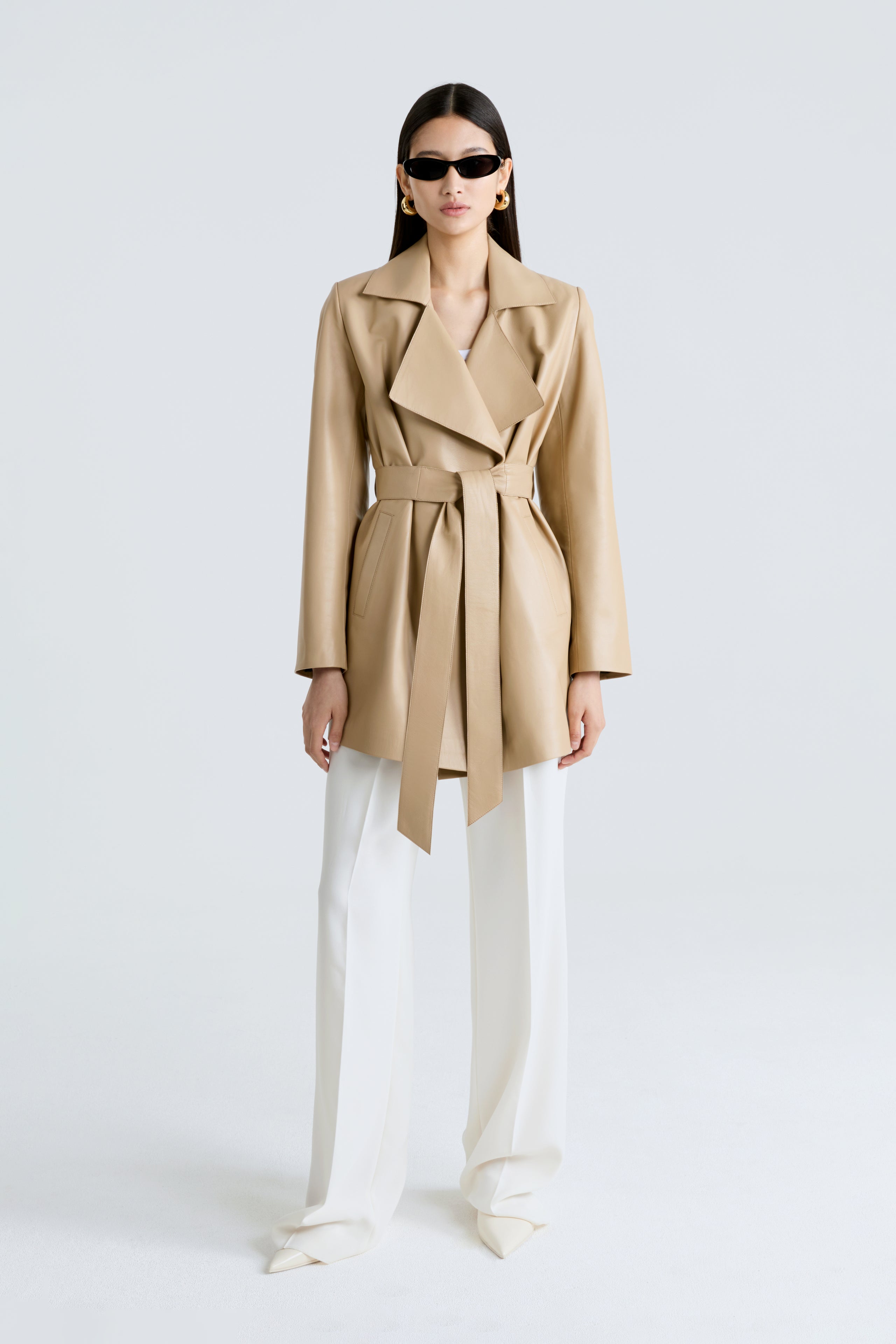 Model is wearing the Kerri Beige Belted Ladylike Jacket Front