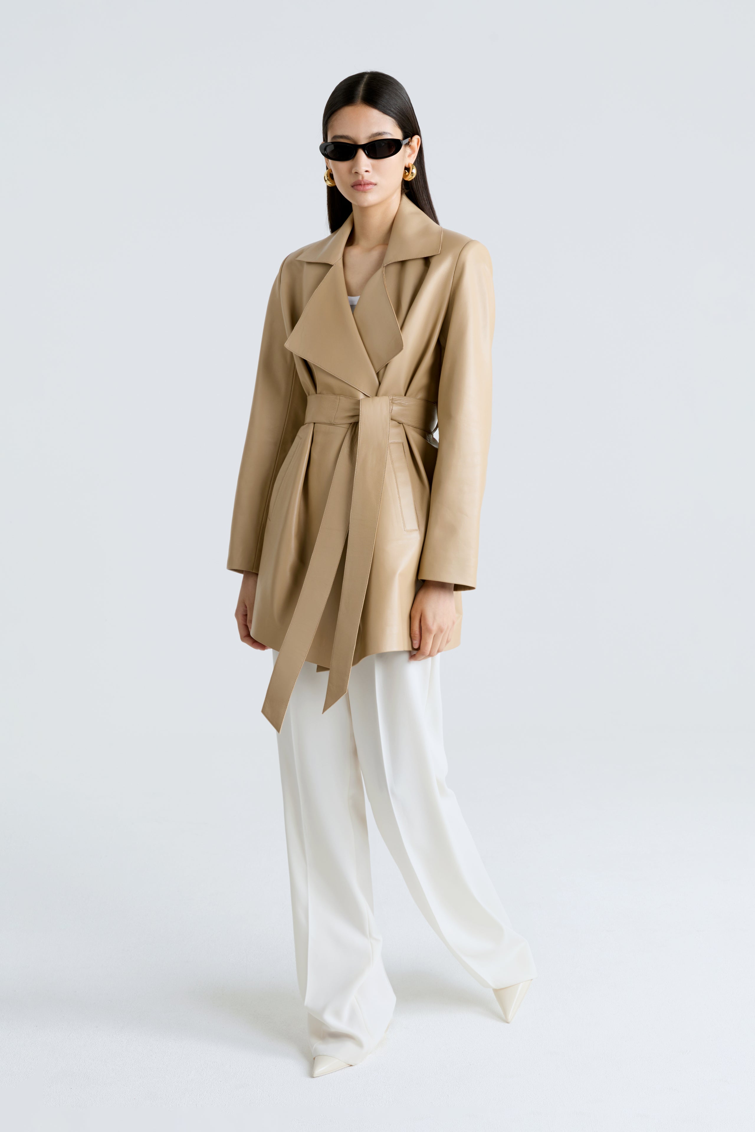 Model is wearing the Kerri Beige Belted Ladylike Jacket Front