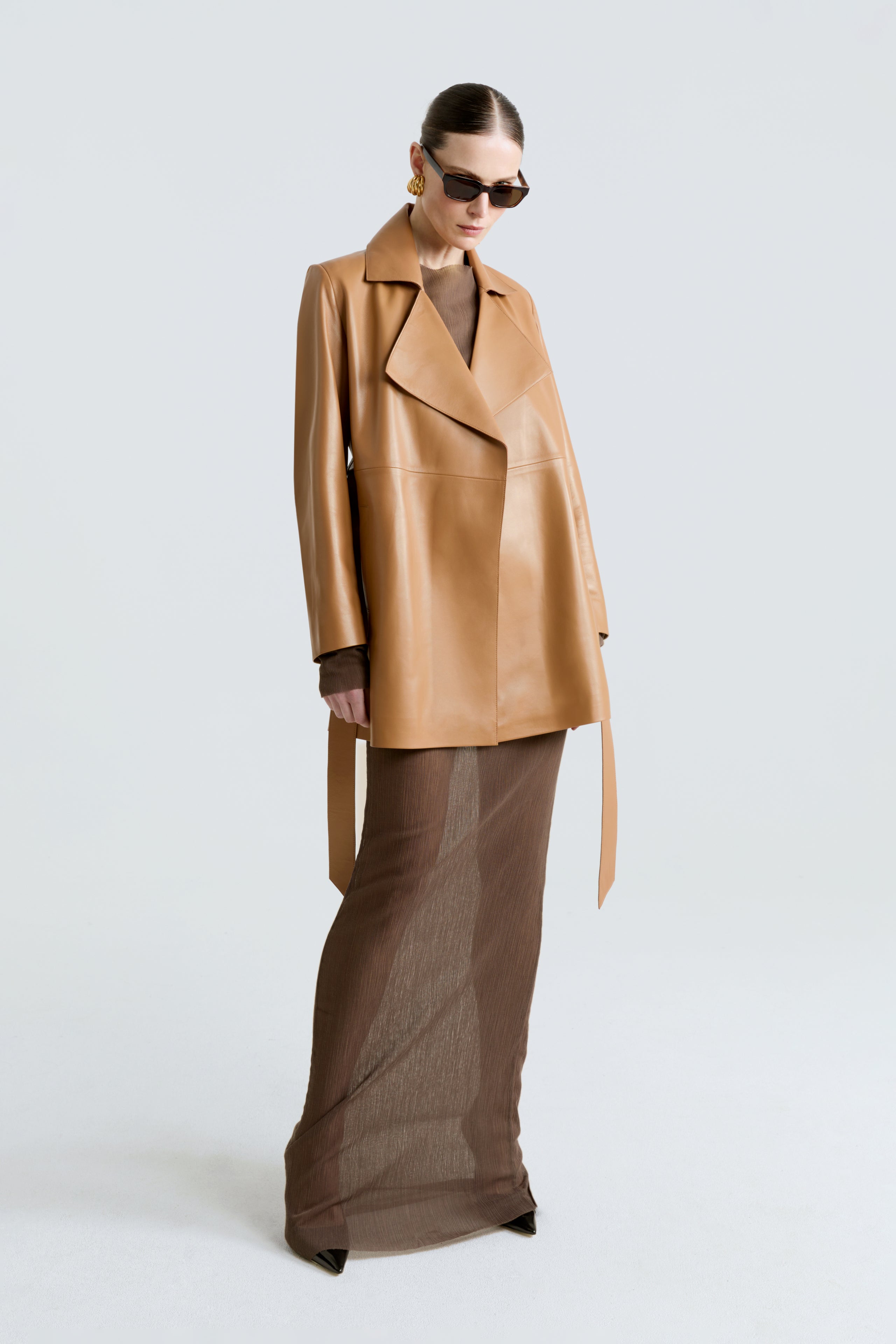 Model is wearing the Kerri Camel Belted Ladylike Jacket Front