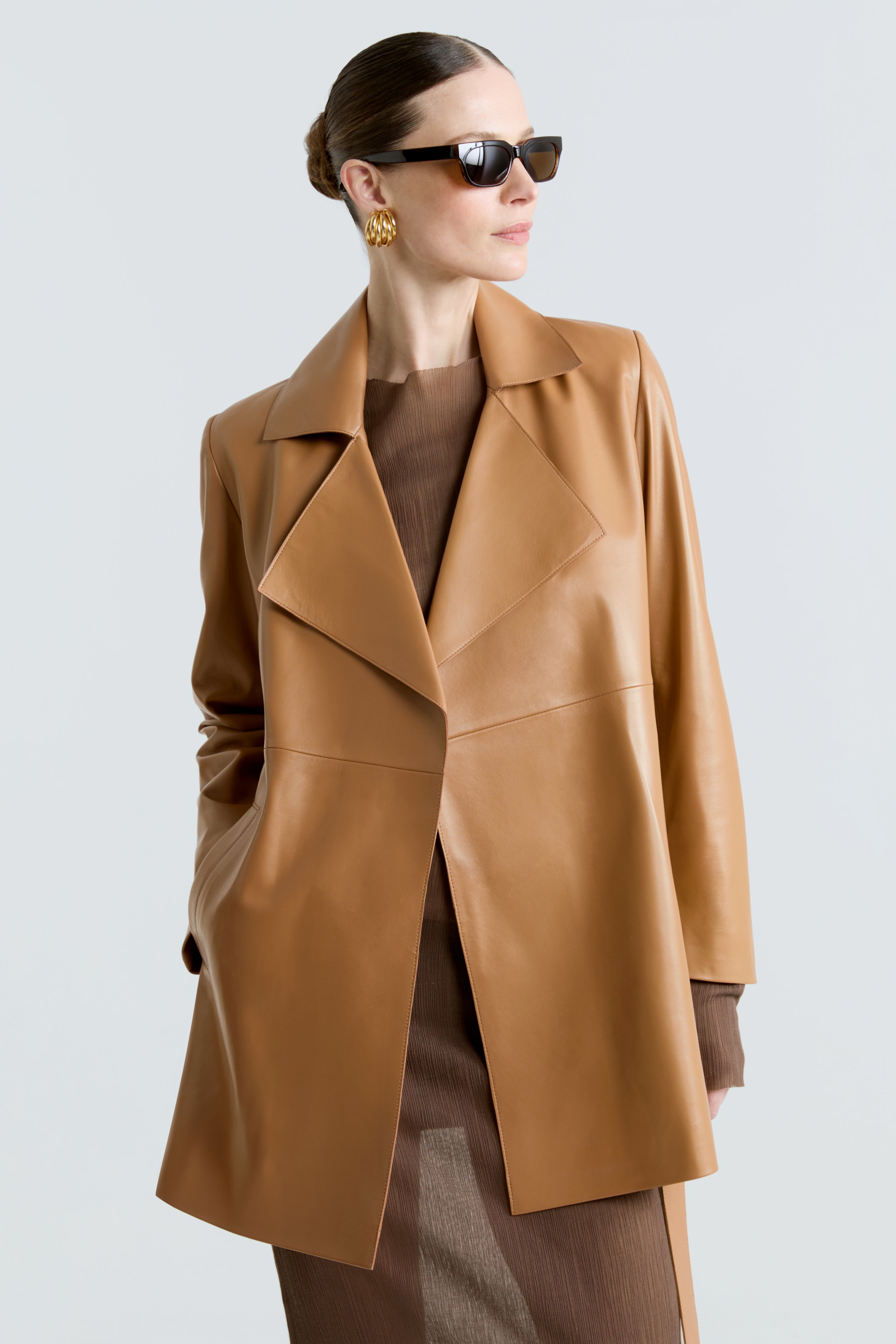 Model is wearing the Kerri Camel Belted Ladylike Jacket Close Up