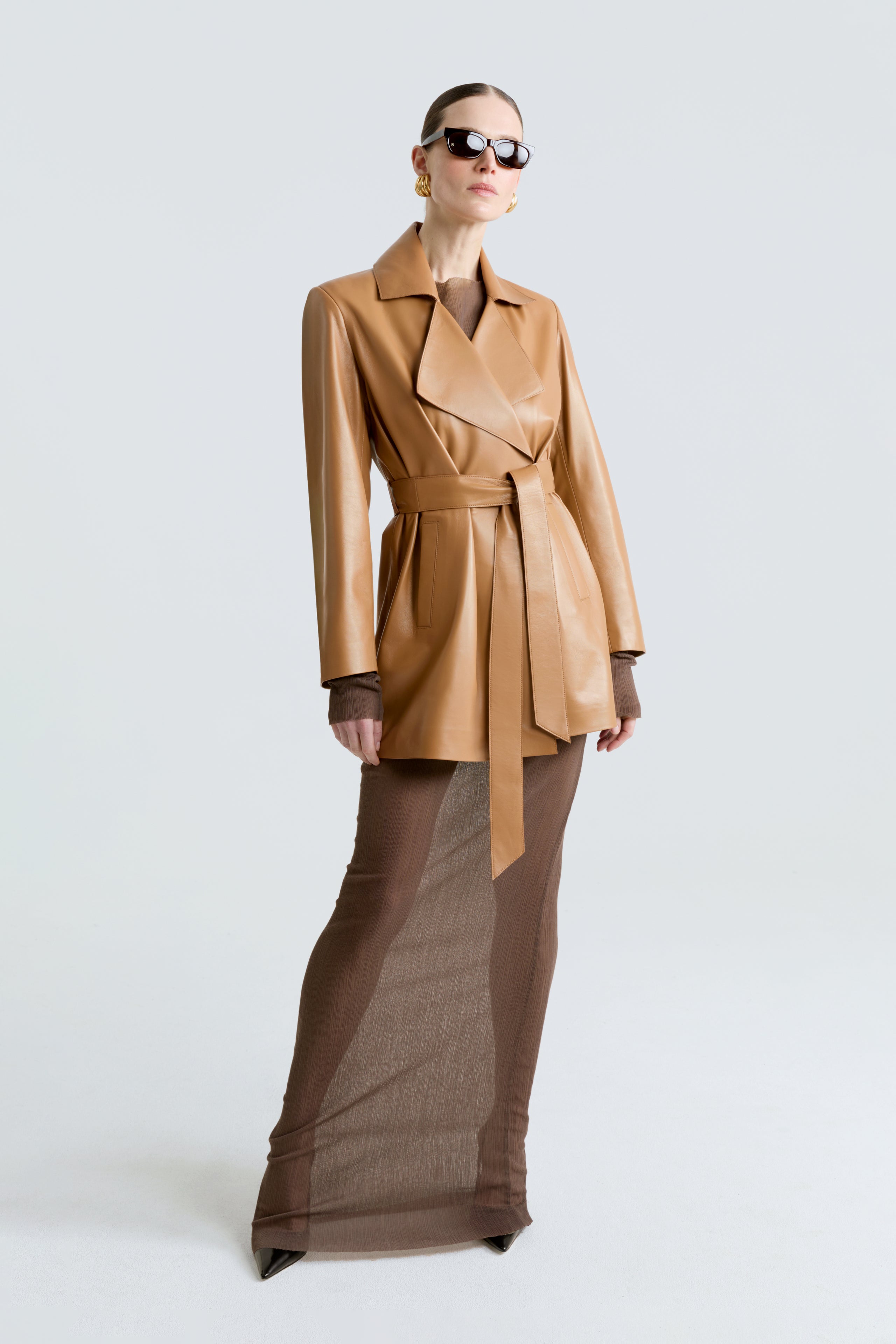 Model is wearing the Kerri Camel Belted Ladylike Jacket Front