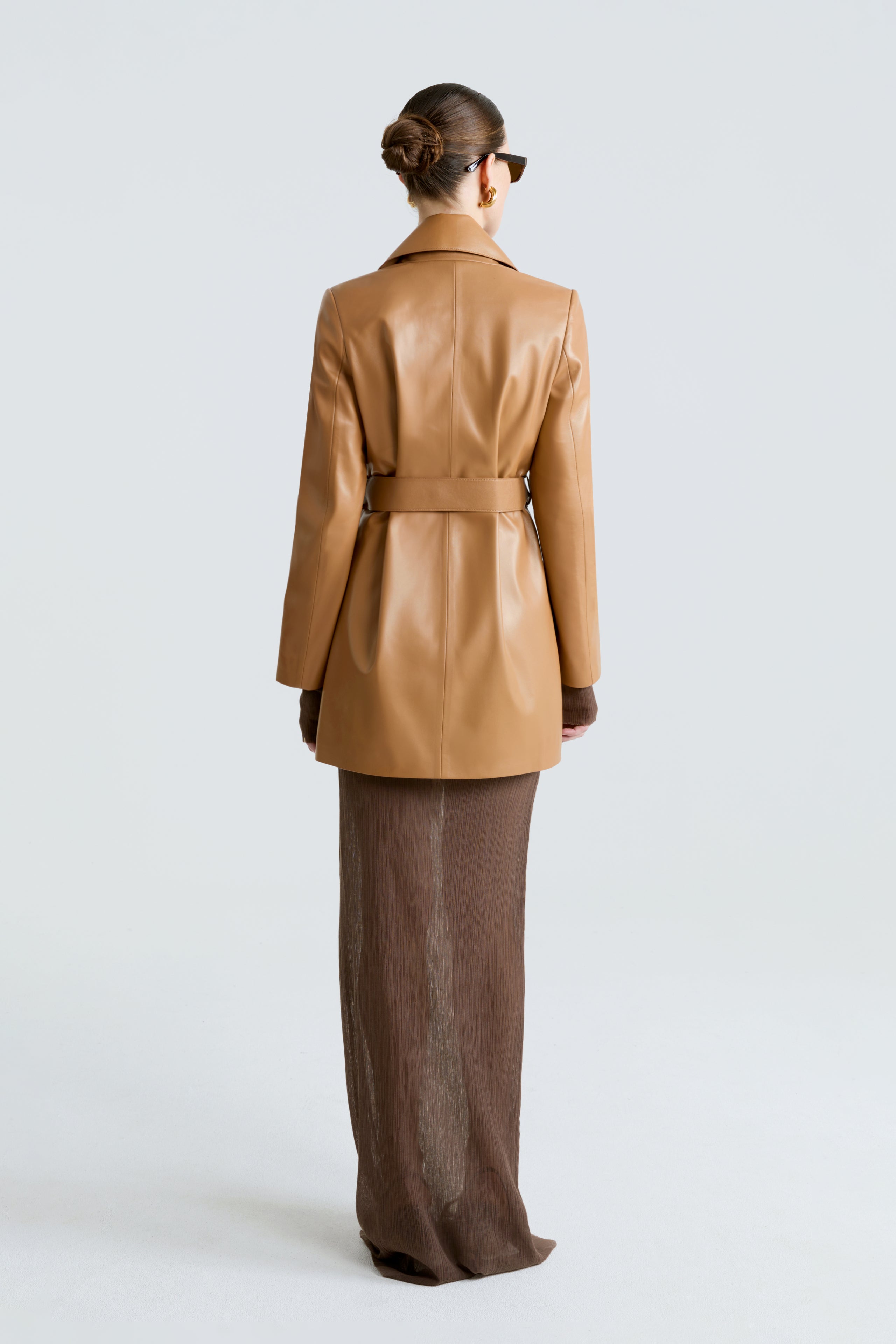 Model is wearing the Kerri Camel Belted Ladylike Jacket Back