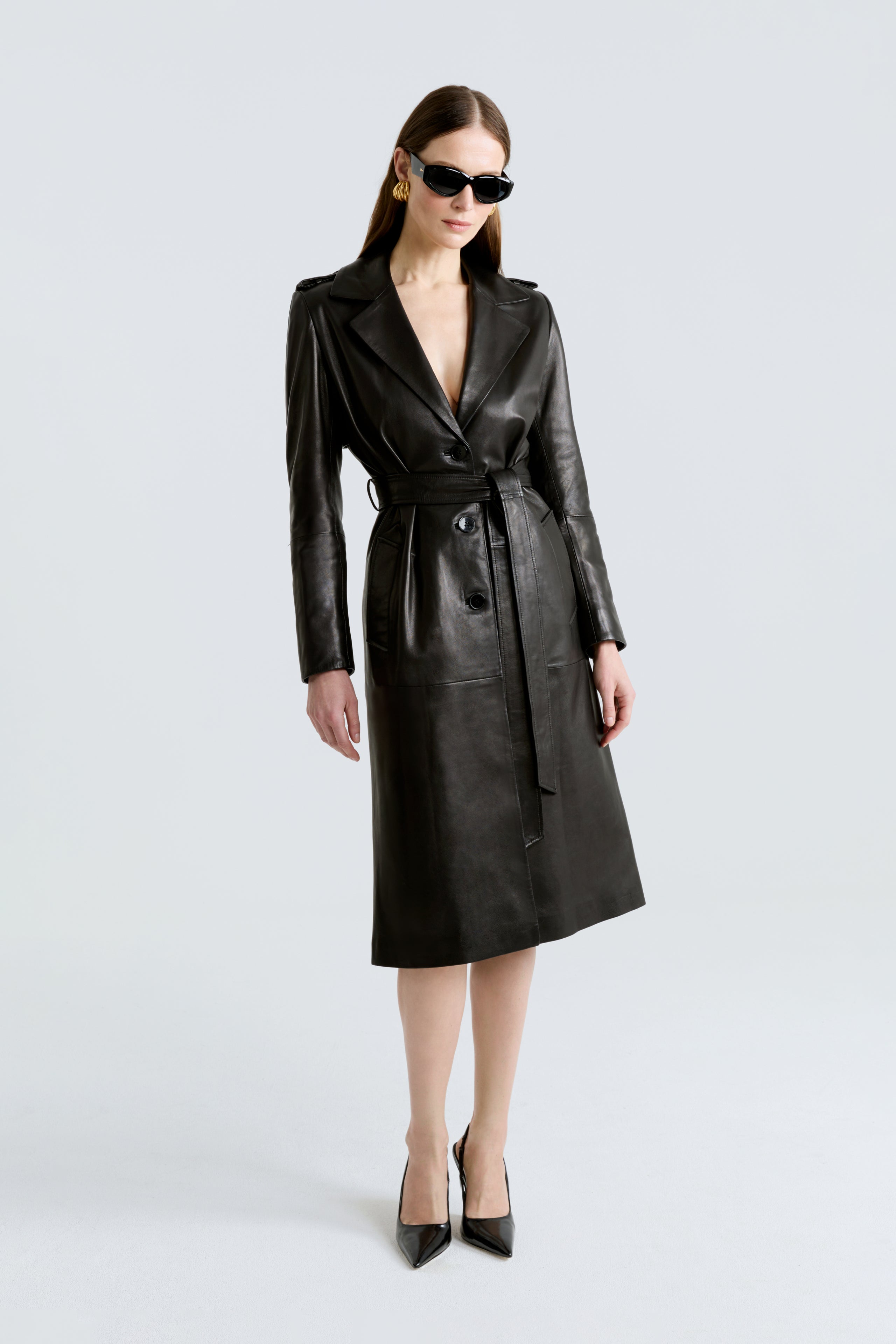 Model is wearing the Marla Black Belted Leather Coat Front