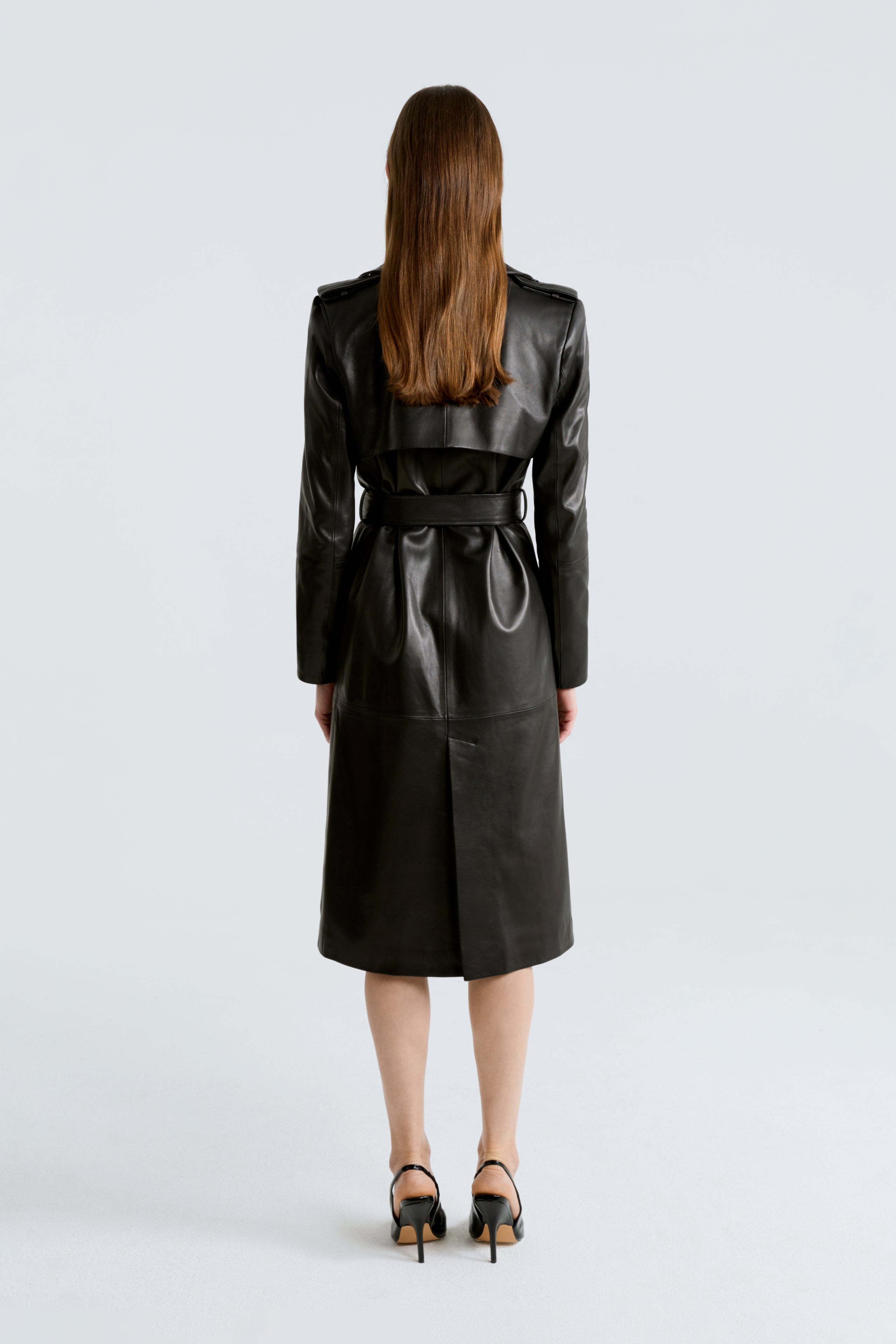 Model is wearing the Marla Black Belted Leather Coat Back
