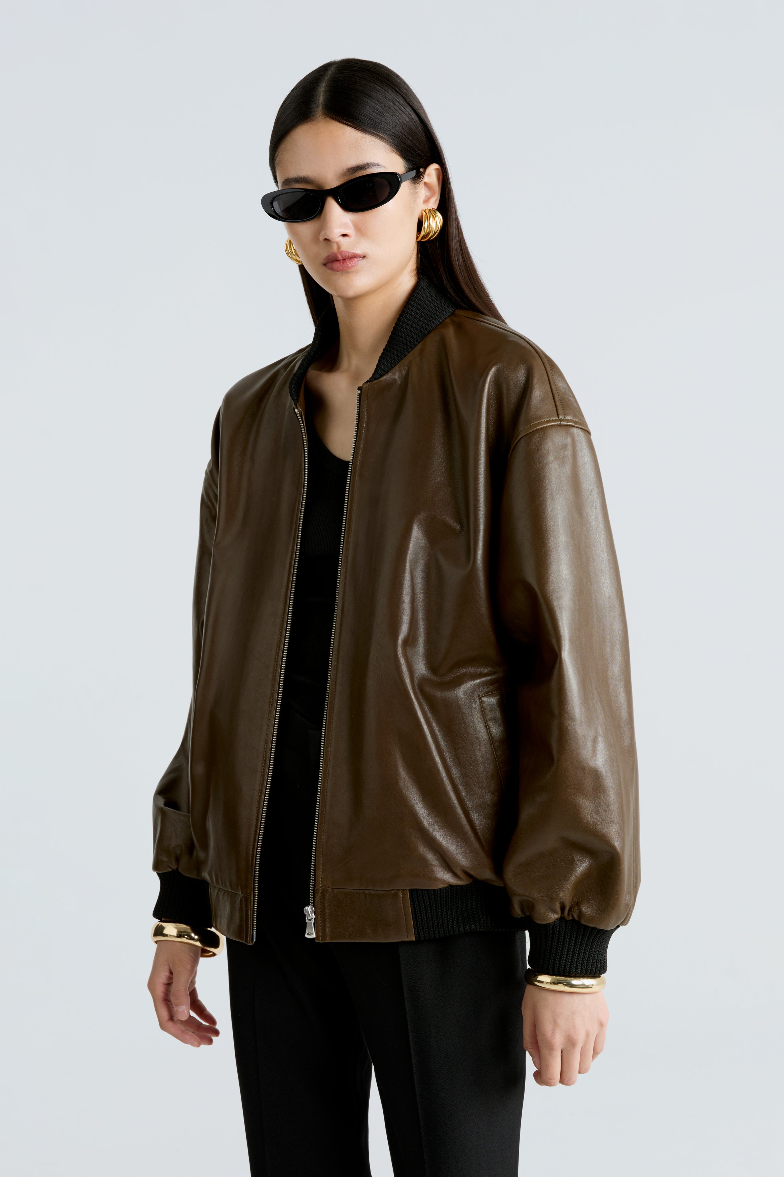 Model is wearing the Marly Nicoise Leather Bomber Jacket Close Up