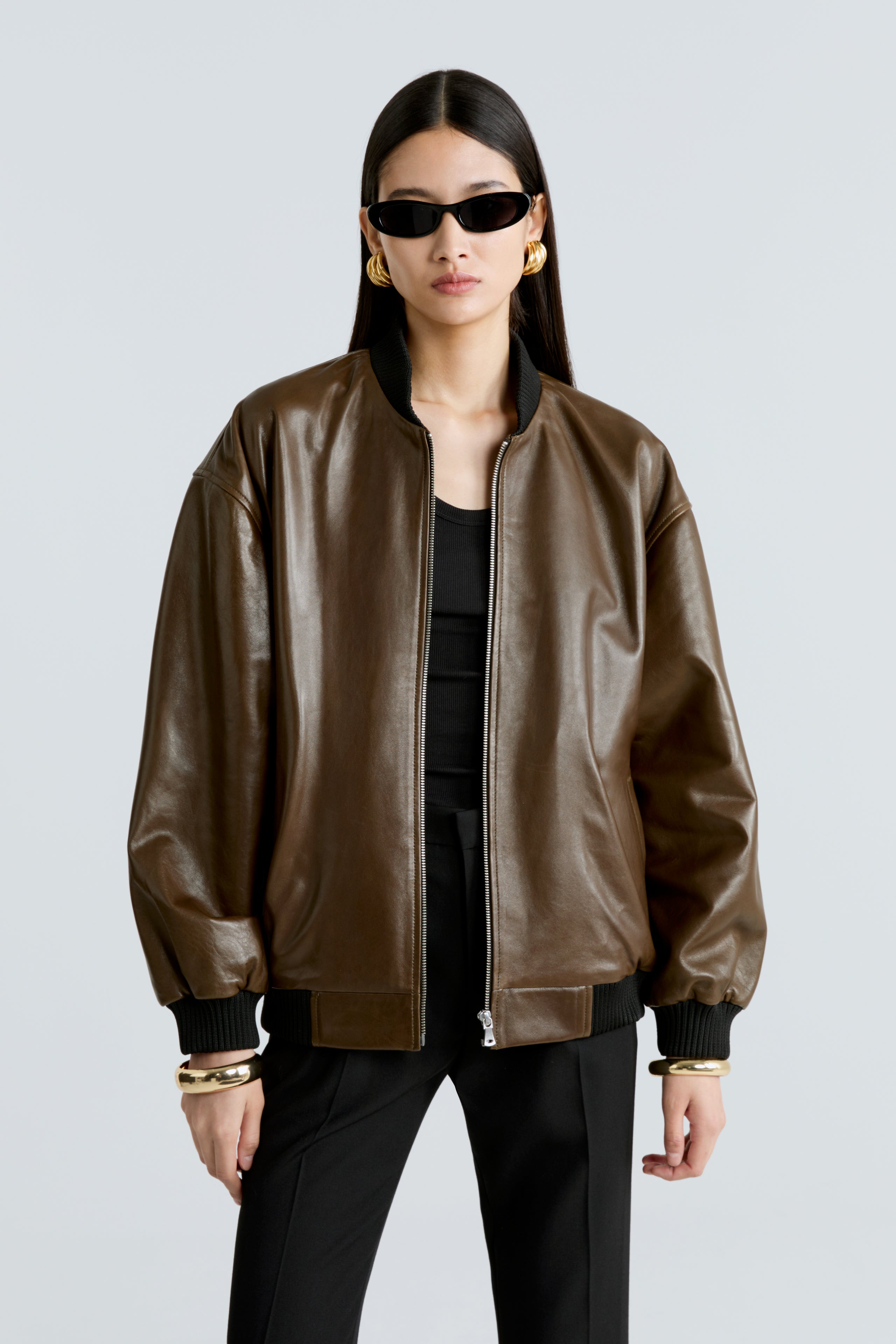 Model is wearing the Marly Nicoise Leather Bomber Jacket Close Up