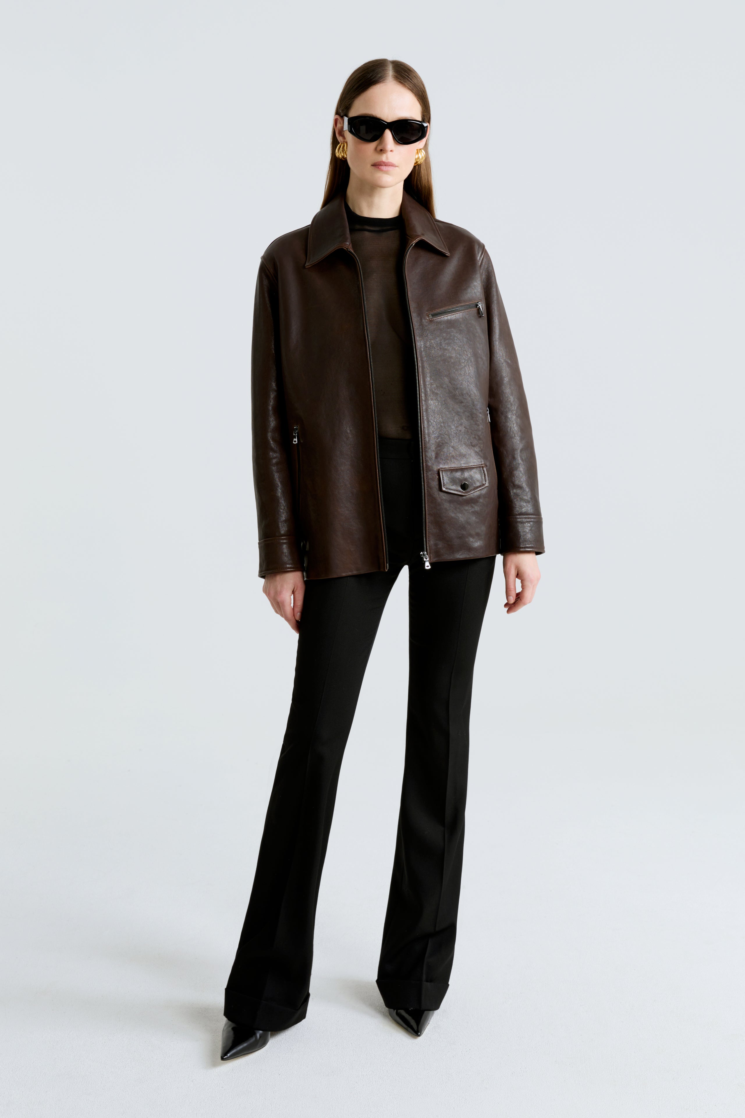 Model is wearing the Rayan Dark Brown Utilitarian Leather Jacket Front