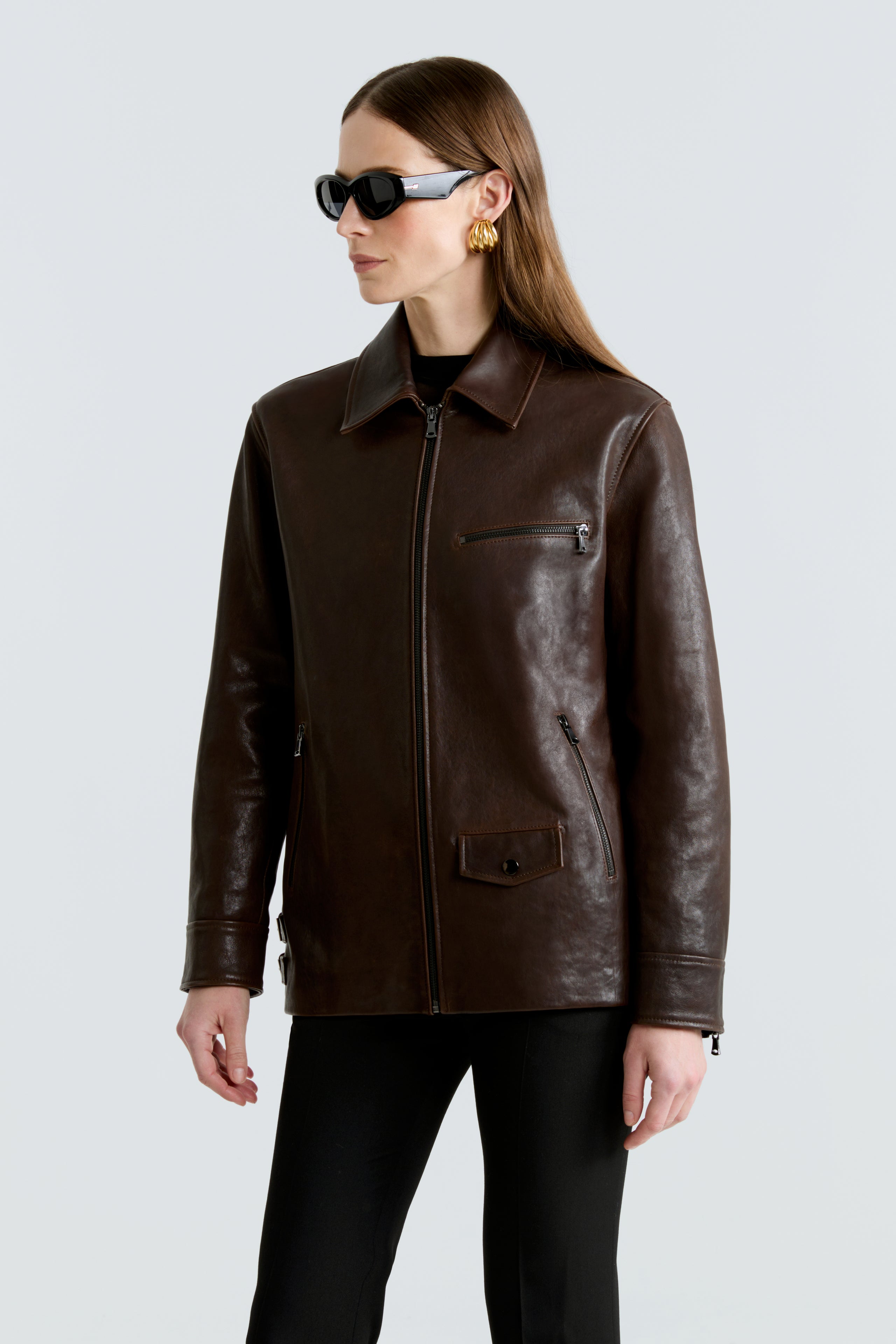 Model is wearing the Rayan Dark Brown Utilitarian Leather Jacket Close Up