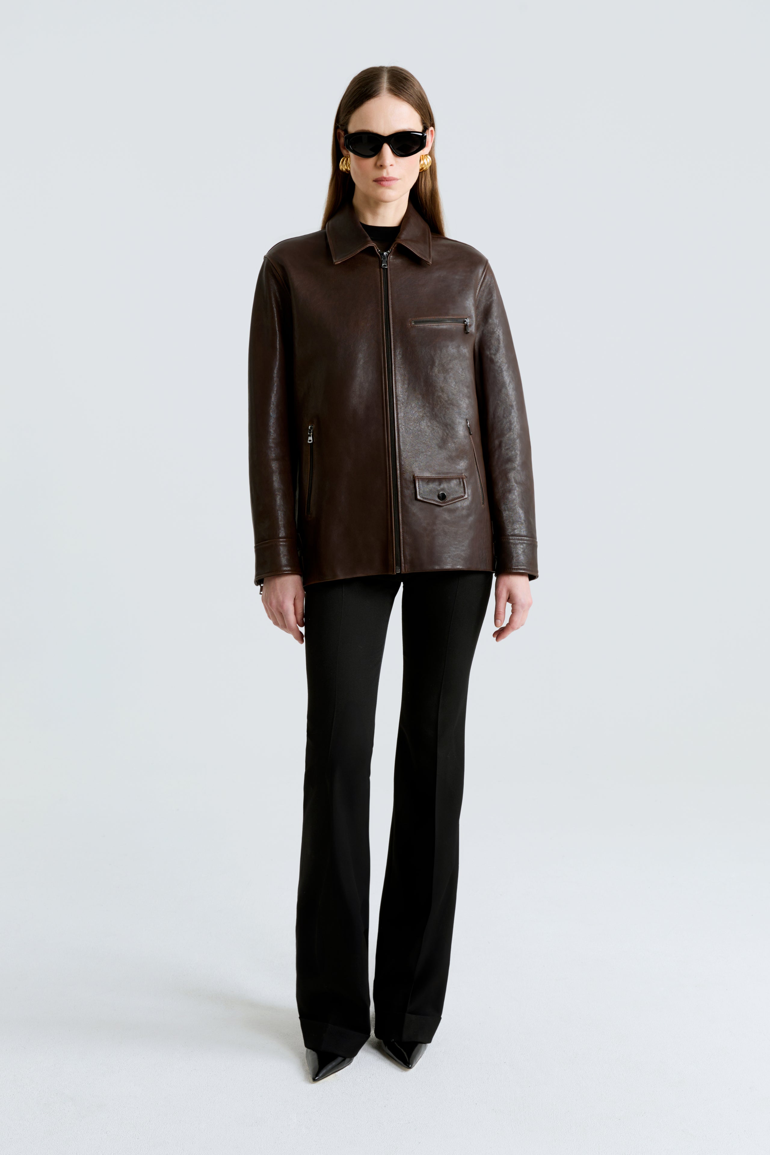 Model is wearing the Rayan Dark Brown Utilitarian Leather Jacket Front