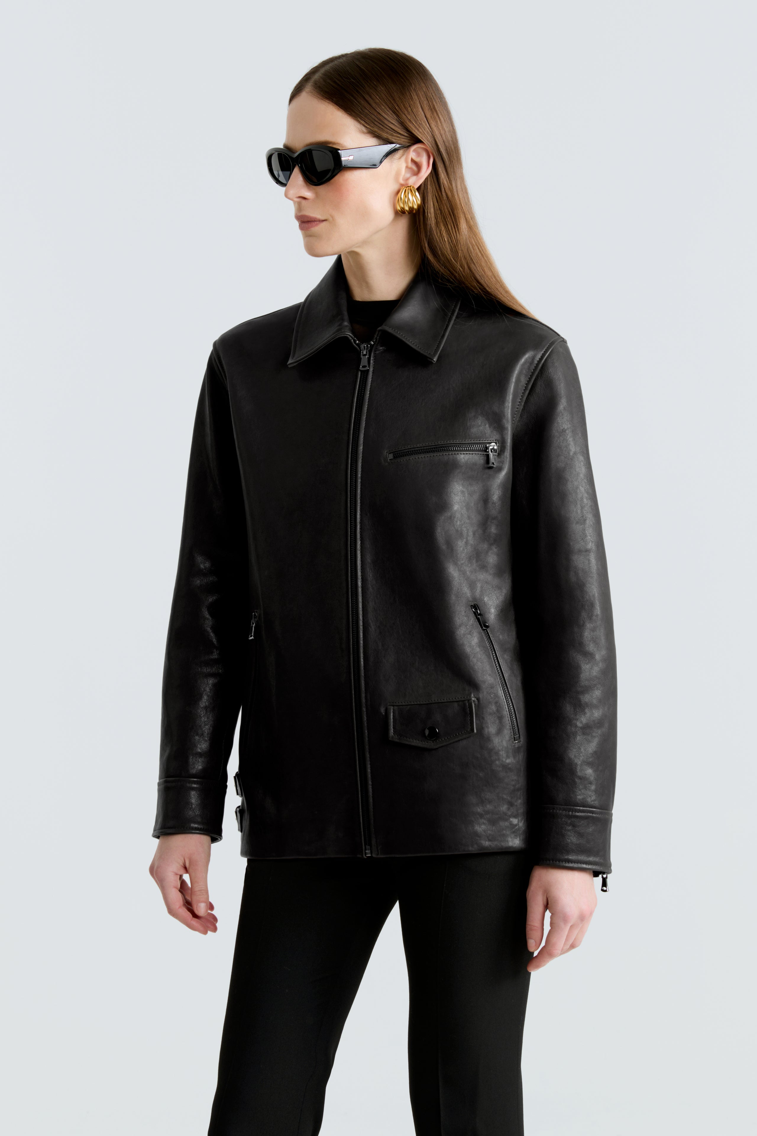Model is wearing the Rayan Black Utilitarian Leather Jacket Close Up