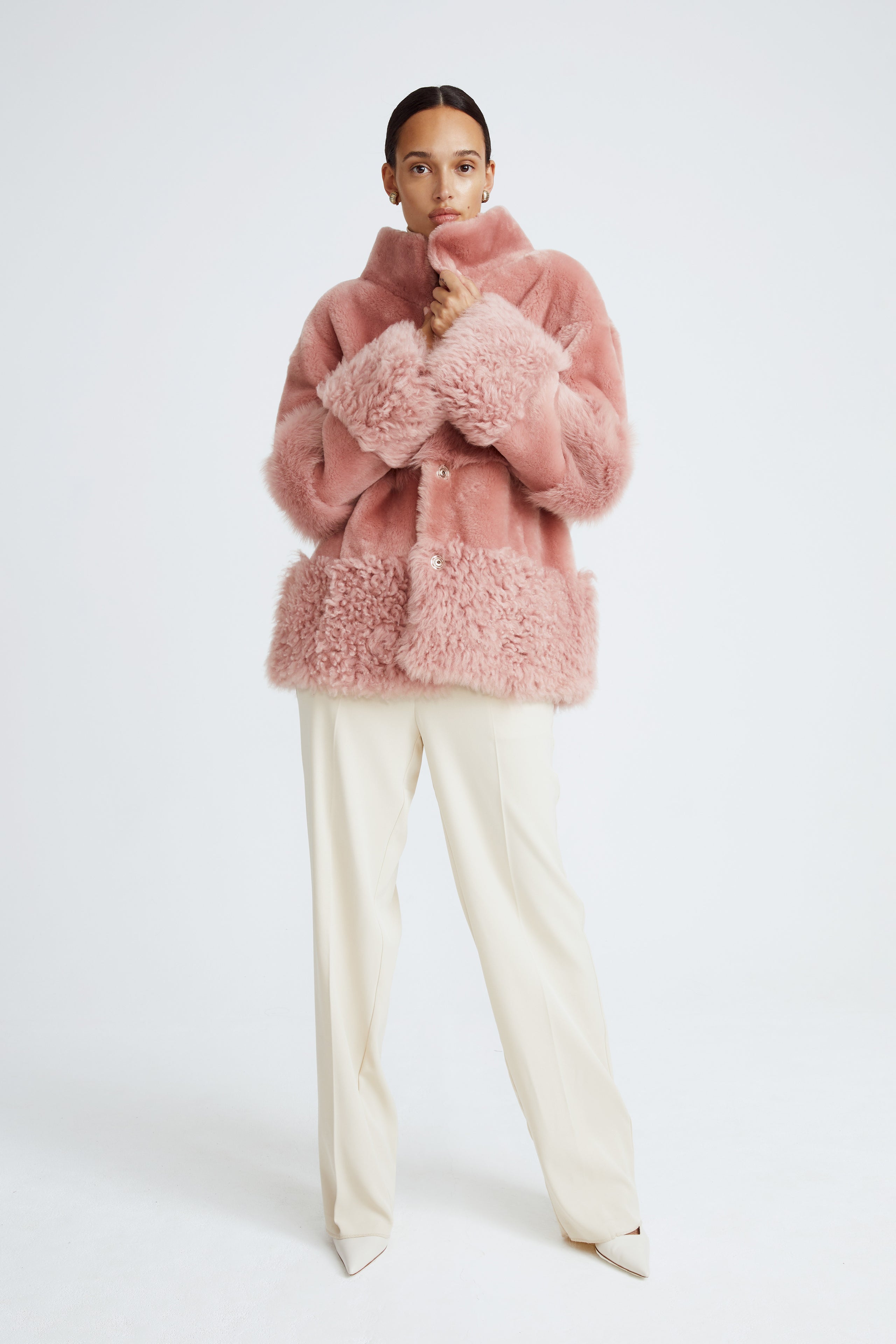 Model is wearing the Aimee Quartz Fluffy Shearling Coat Front