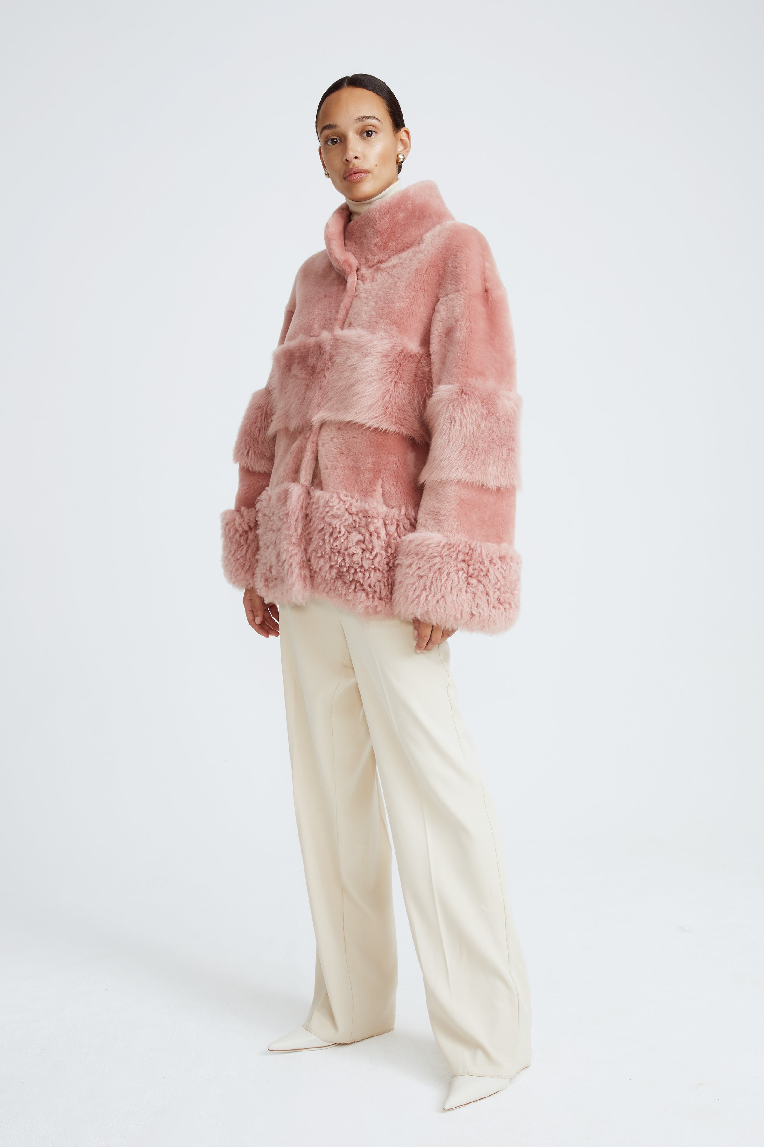 The Aimee quartz luxurious shearling coat side