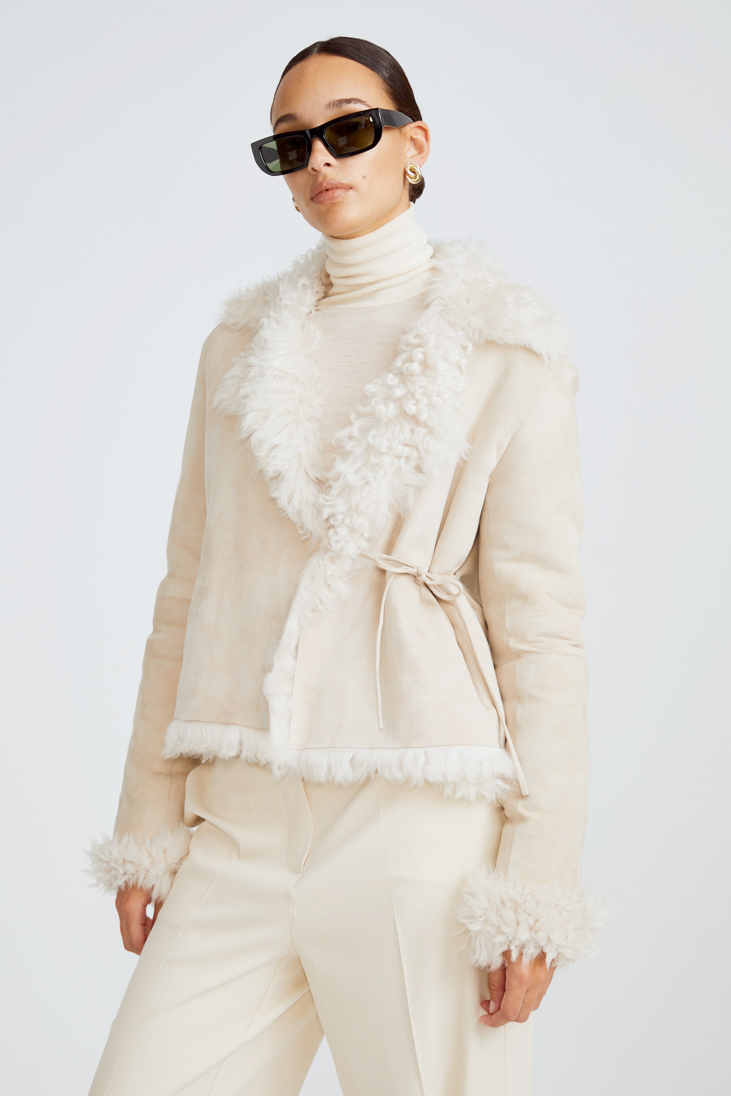 The Ava Chantilly luxurious cropped shearling coat close up