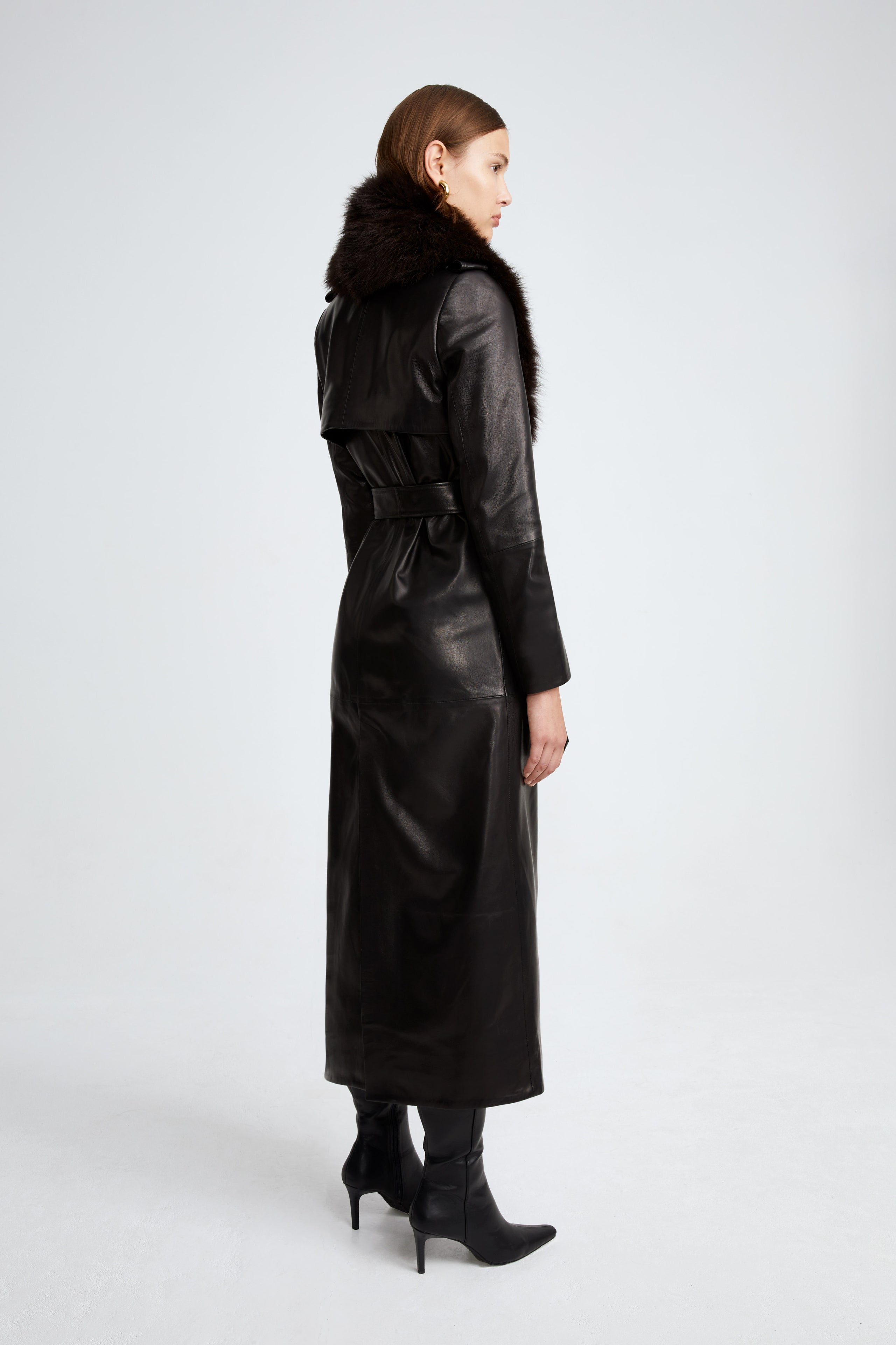 Model is wearing the Dakota Black Espresso Glamorous Leather Trench Side