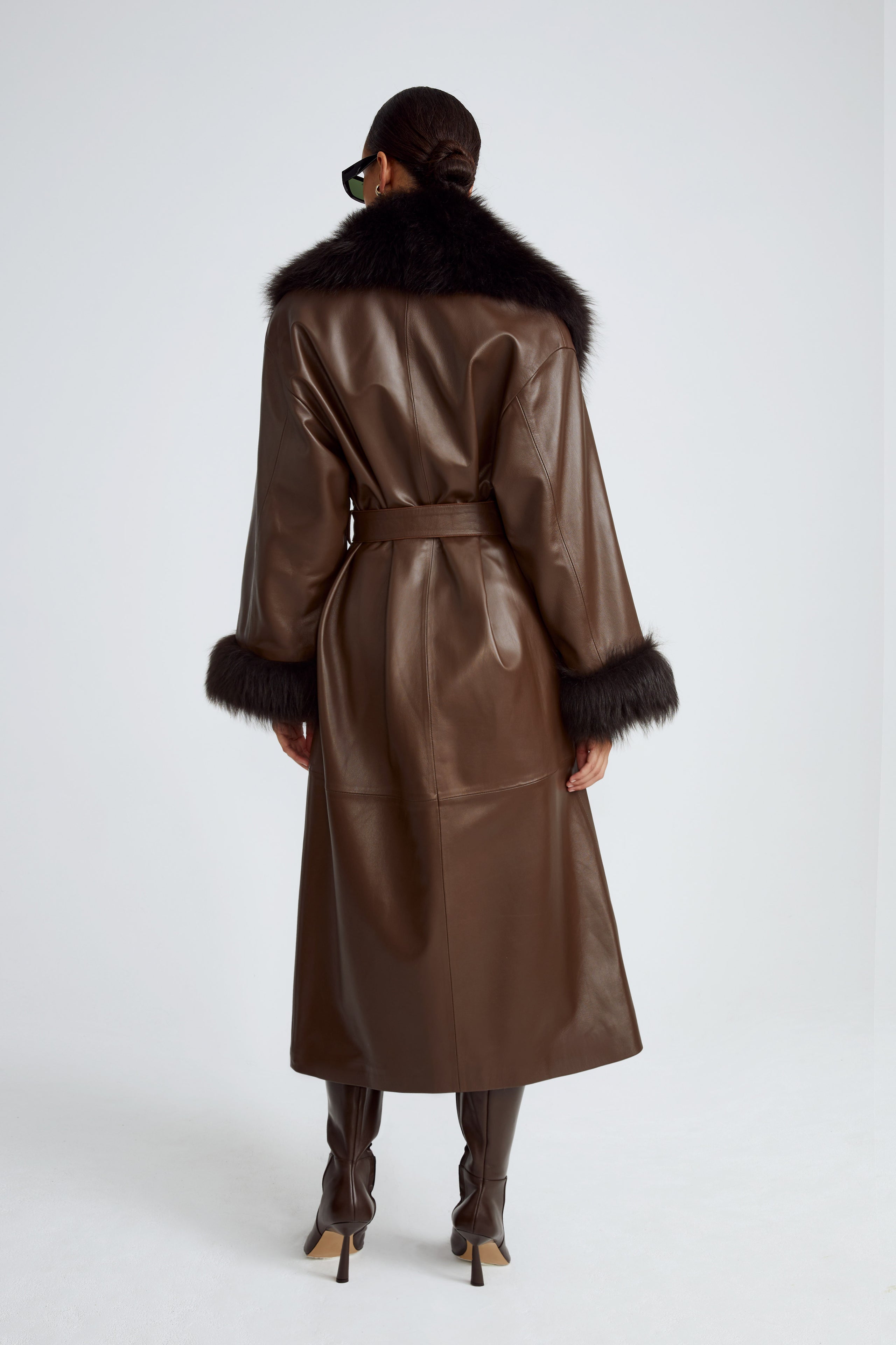 Model is wearing the Freja Walnut Espresso Luxurious Leather Trench Back