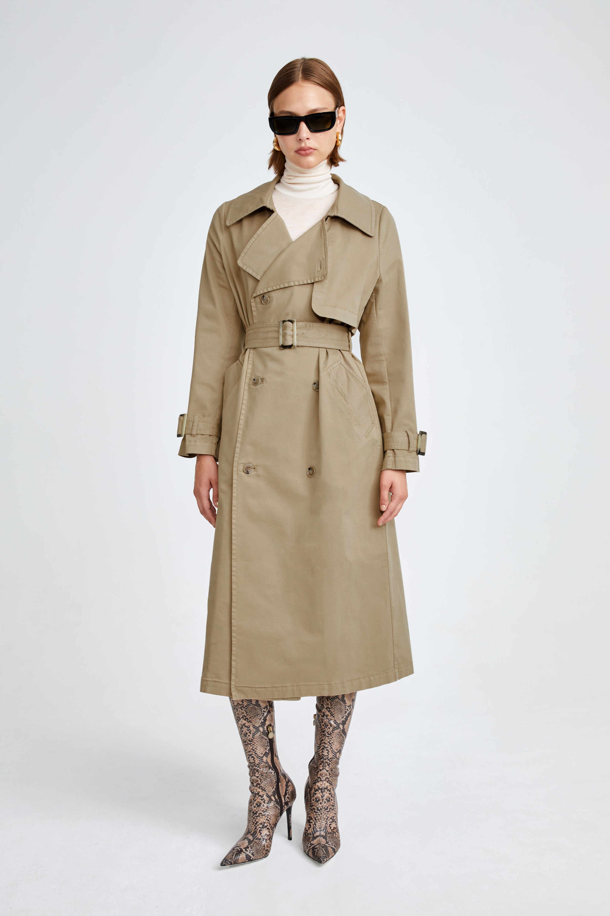 Model is wearing the Harriet Canvas Khaki Long Fabric Trench Front